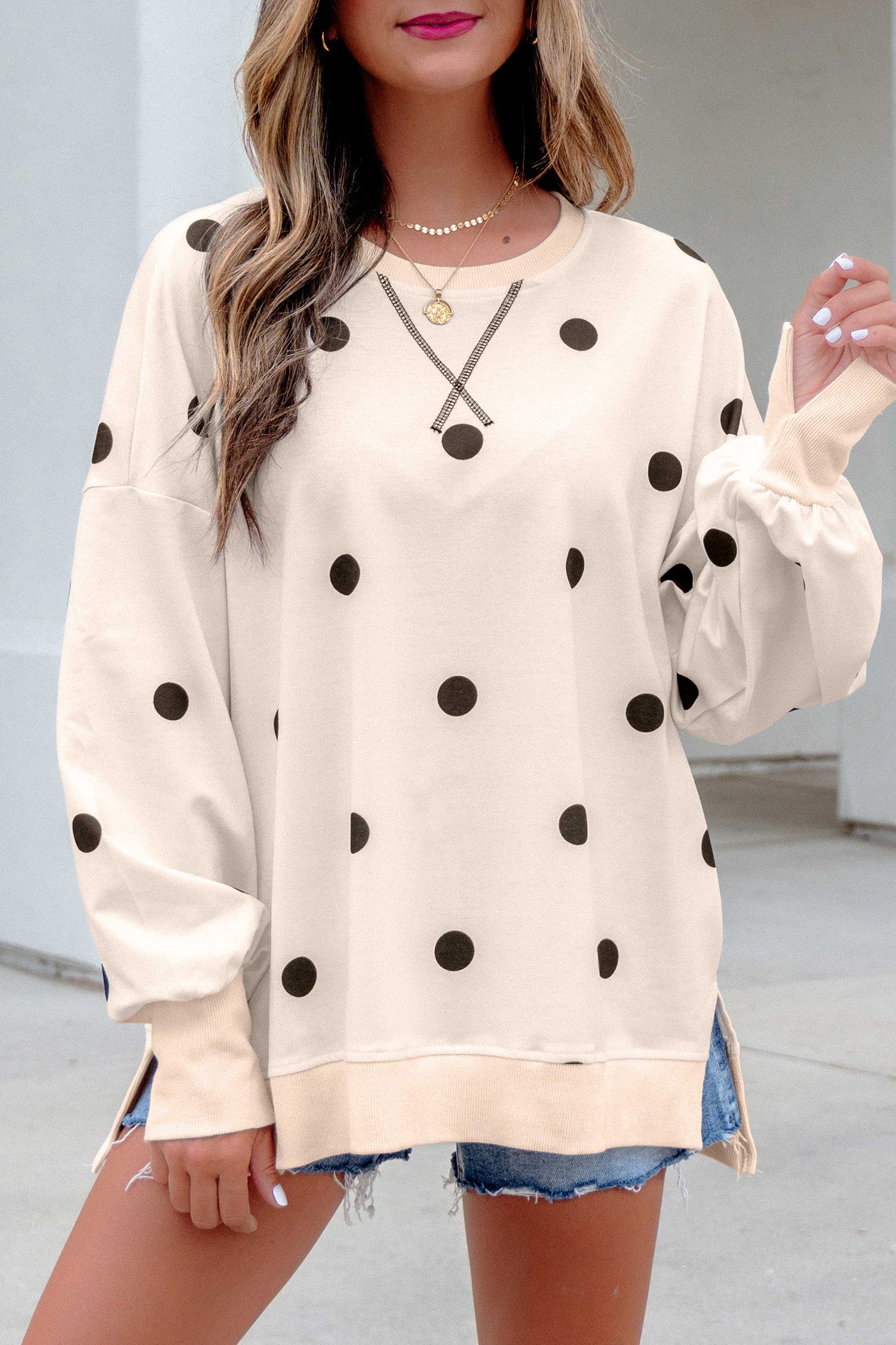 Beige Polka Dot Loose Long Sleeve Split Hem Pullover Top