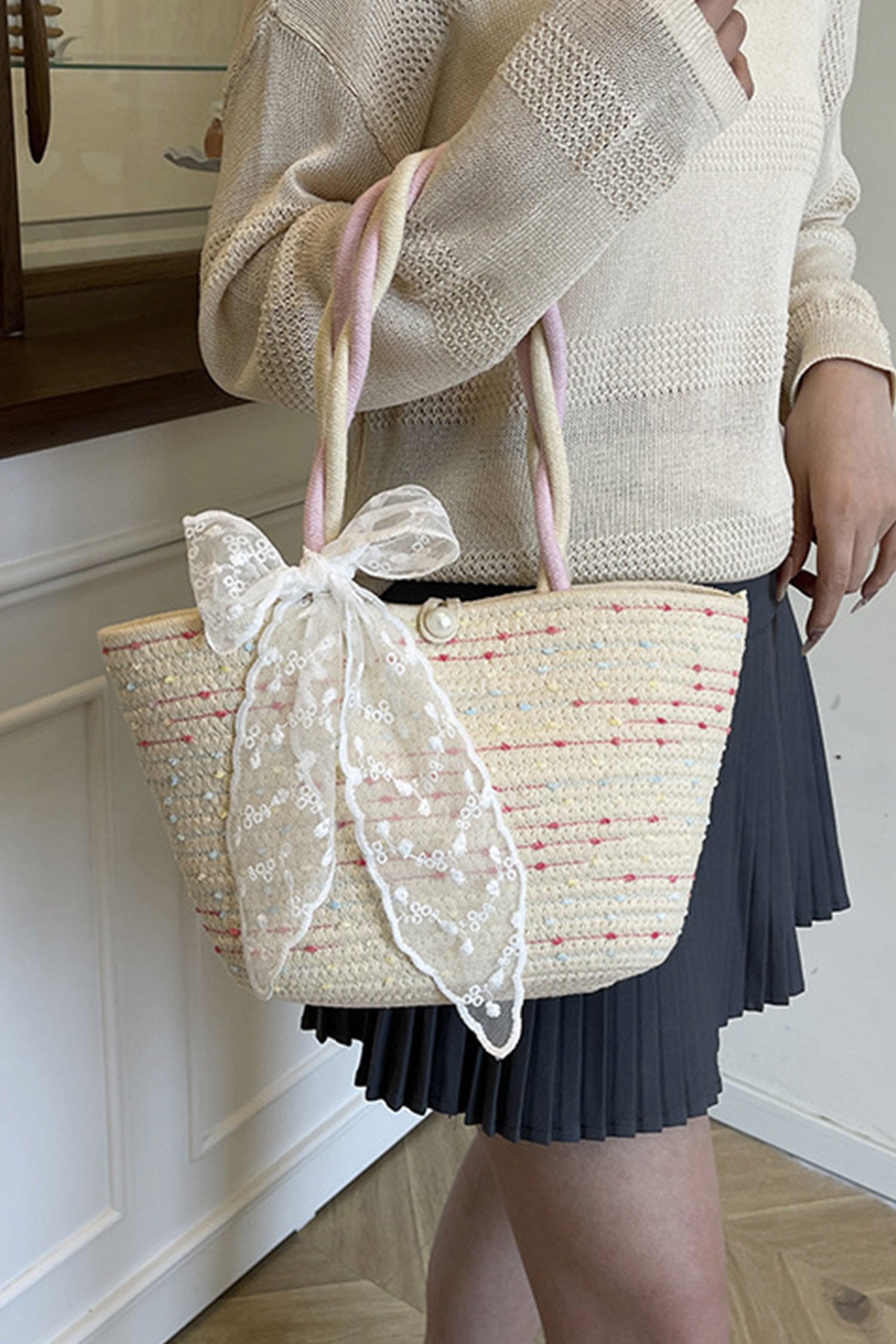 Parchment Boho Style Lace Bow Detail Handcrafted Straw Tote Bag