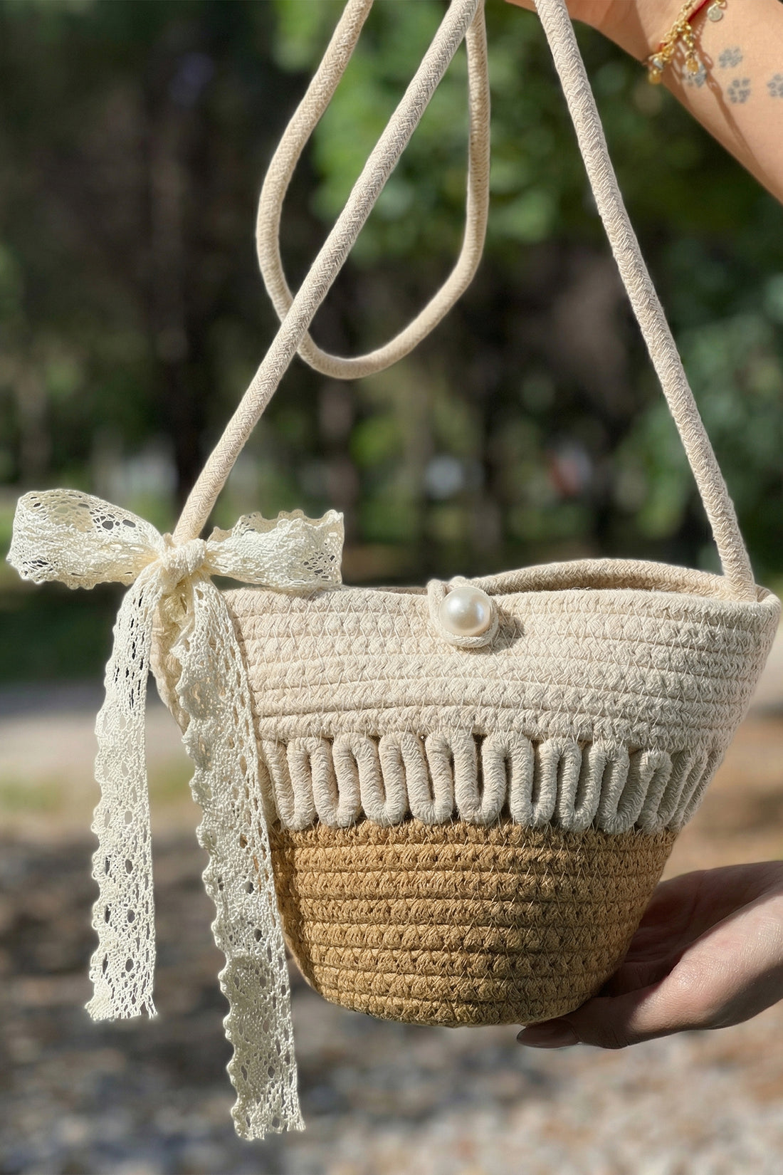 Light French Beige Crochet Bucket Bag with Lace Bow and Pearl Detail