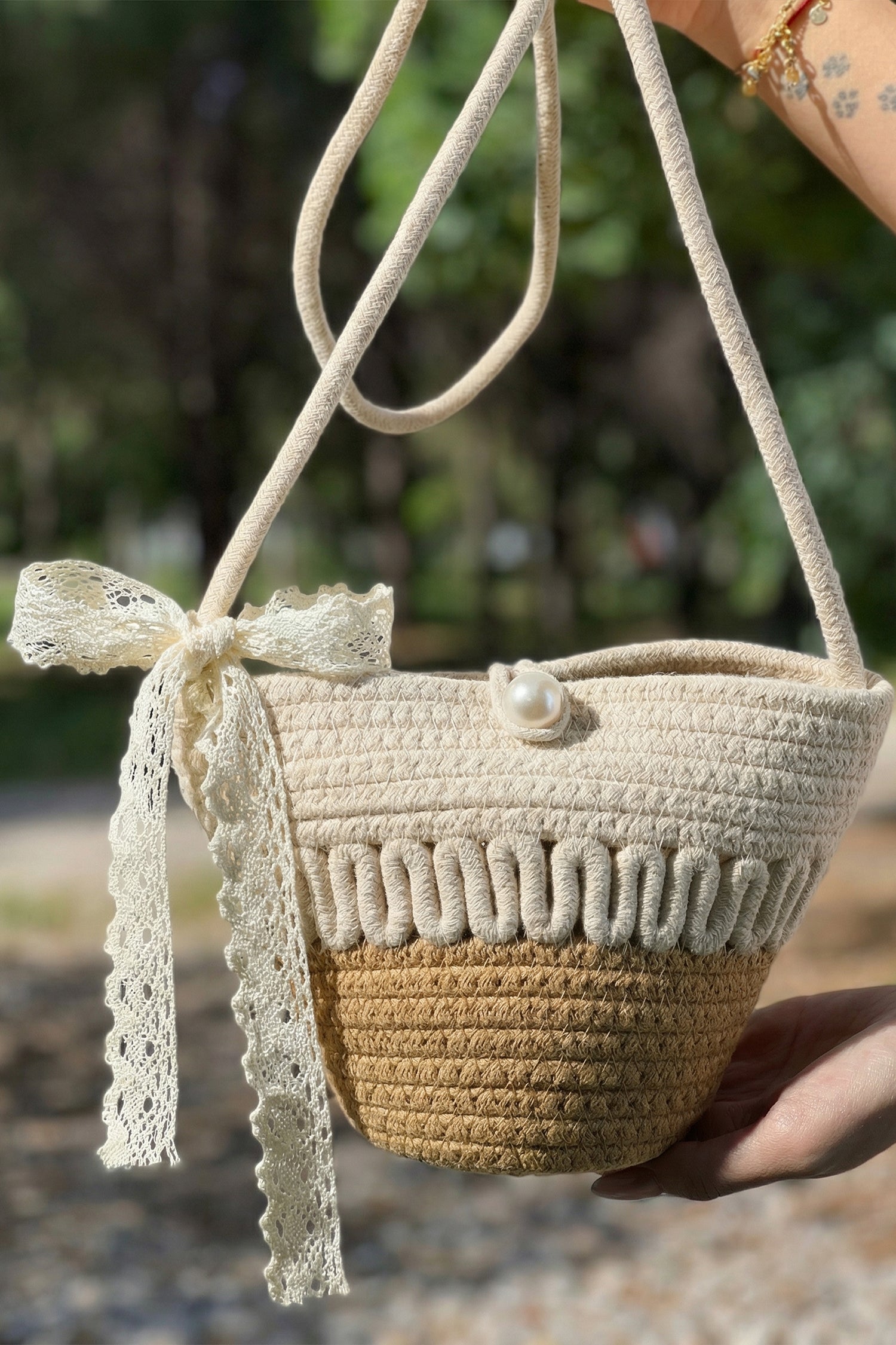 Light French Beige Crochet Bucket Bag with Lace Bow and Pearl Detail