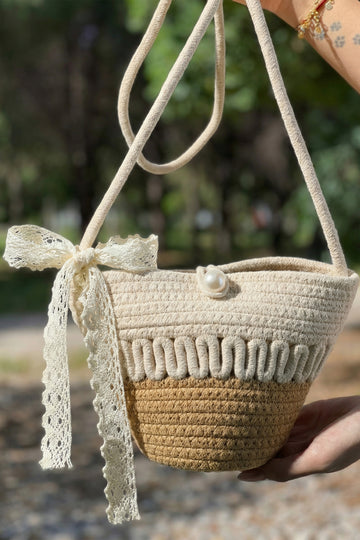 Light French Beige Crochet Bucket Bag with Lace Bow and Pearl Detail