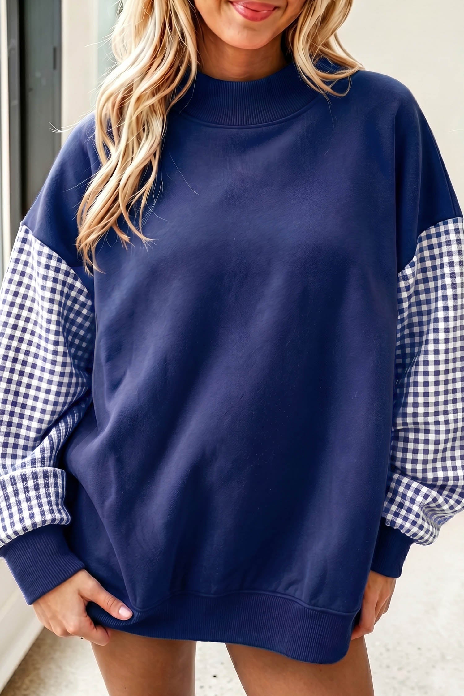 Dirty blue Plaid Sleeve Colorblock Loose Tunic Sweatshirt