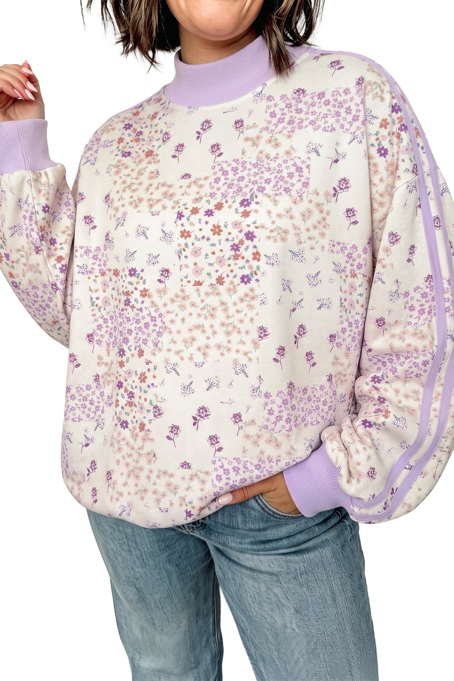 Purple Floral Print High Neck Colorblock Sleeve Paneling Sweatshirt