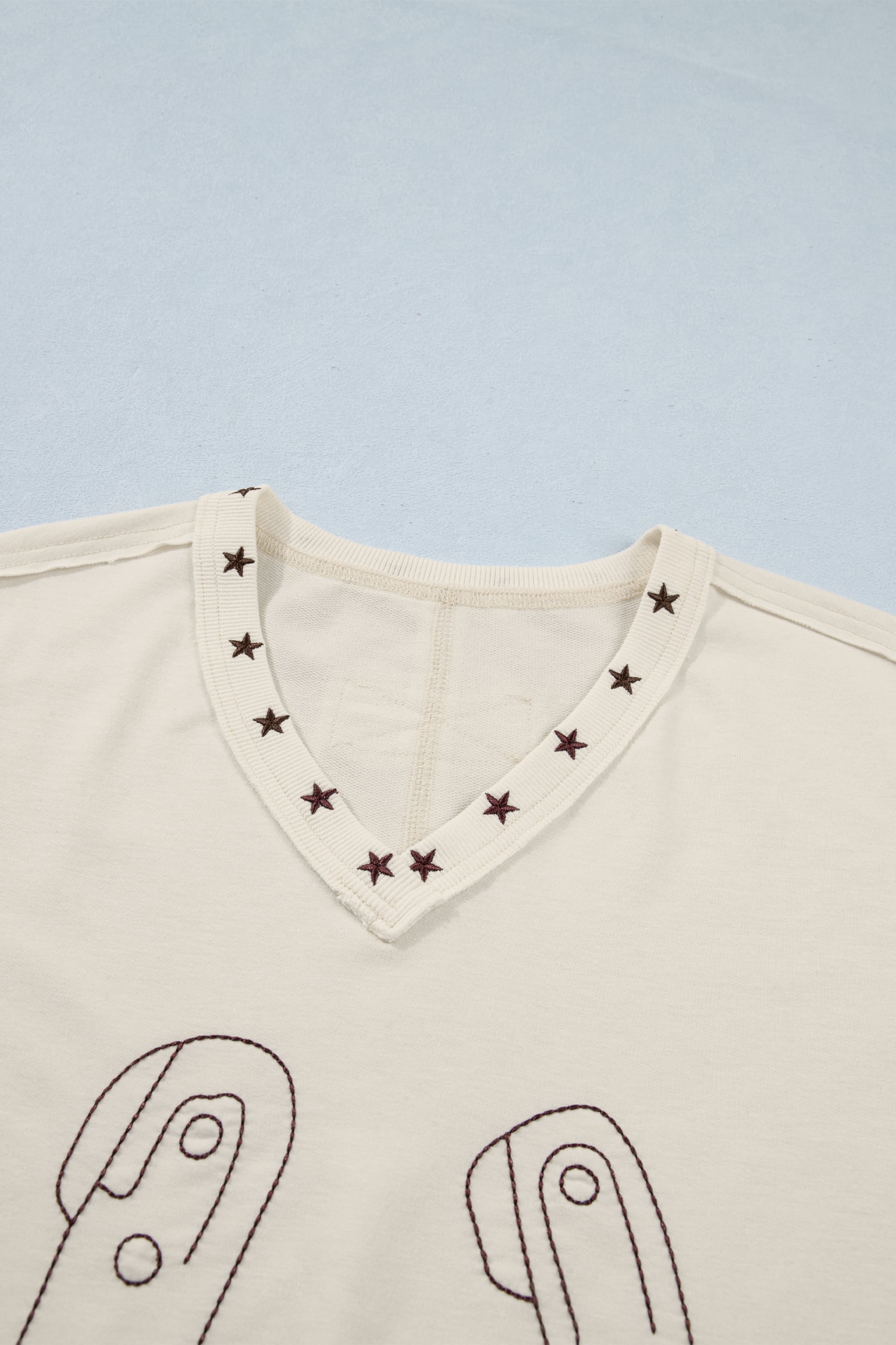 White Horseshoe Embroidered Star Trim V Neck Loose Tank Top