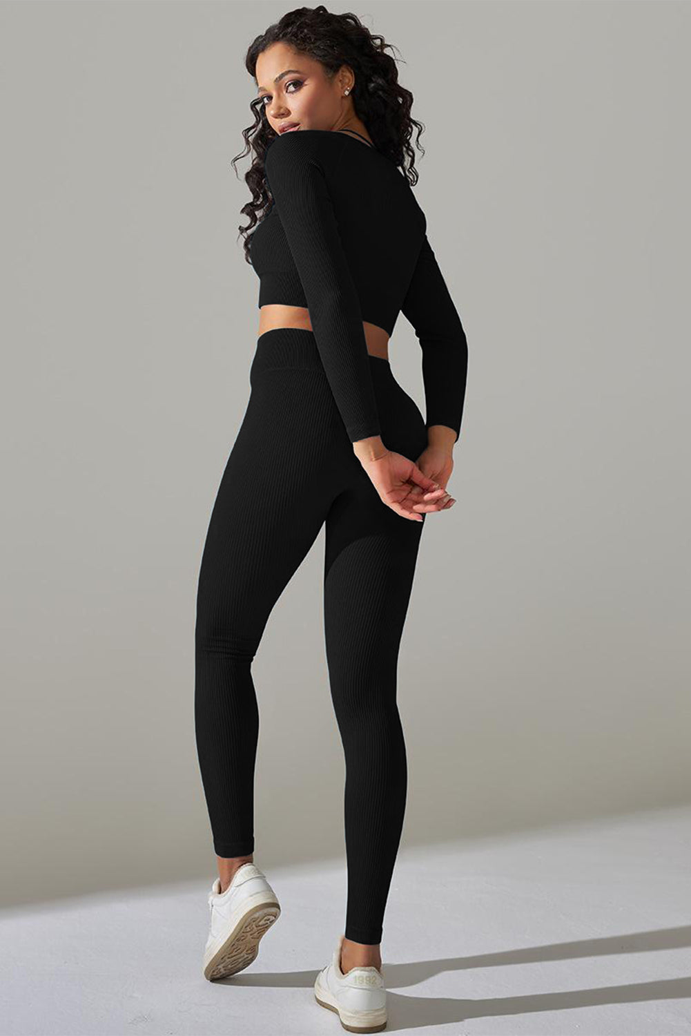 Black Ribbed Long Sleeve Strappy Square Neck 2pcs Yoga Set