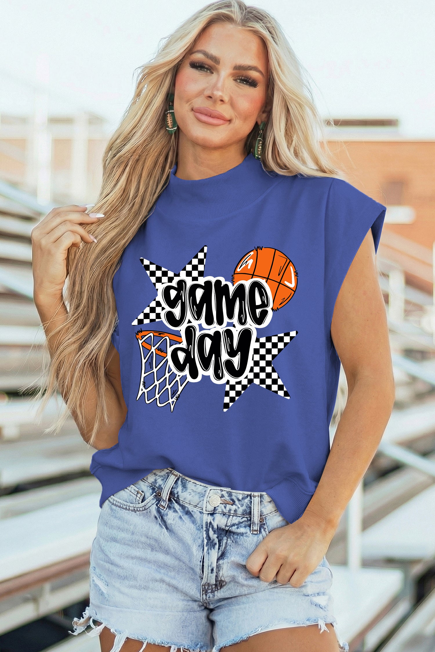 Sky Blue game day Basketball Motif Printed High Neck Tee