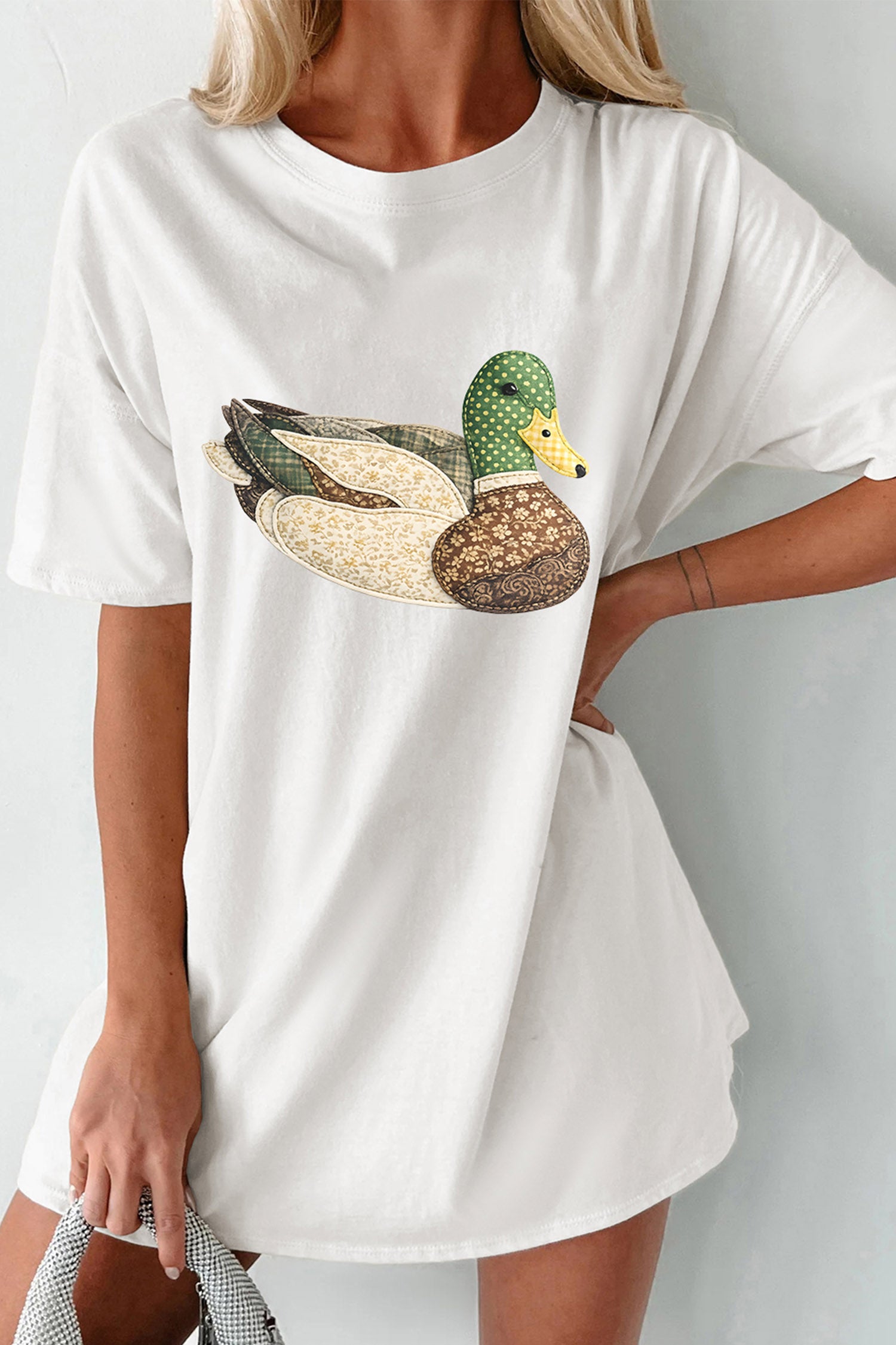 White Bohemian Mallard Duck Applique Short Sleeve Graphic T-Shirt