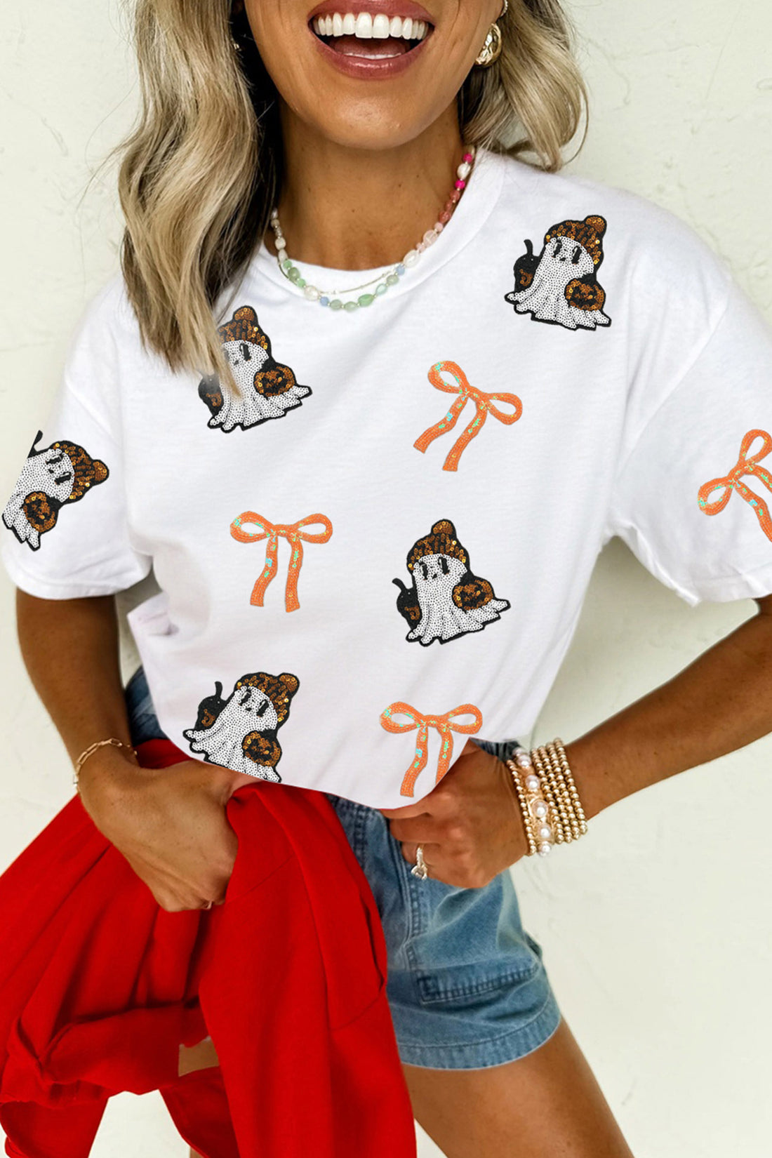 White Sequin Ghost Print Halloween Casual T-Shirt