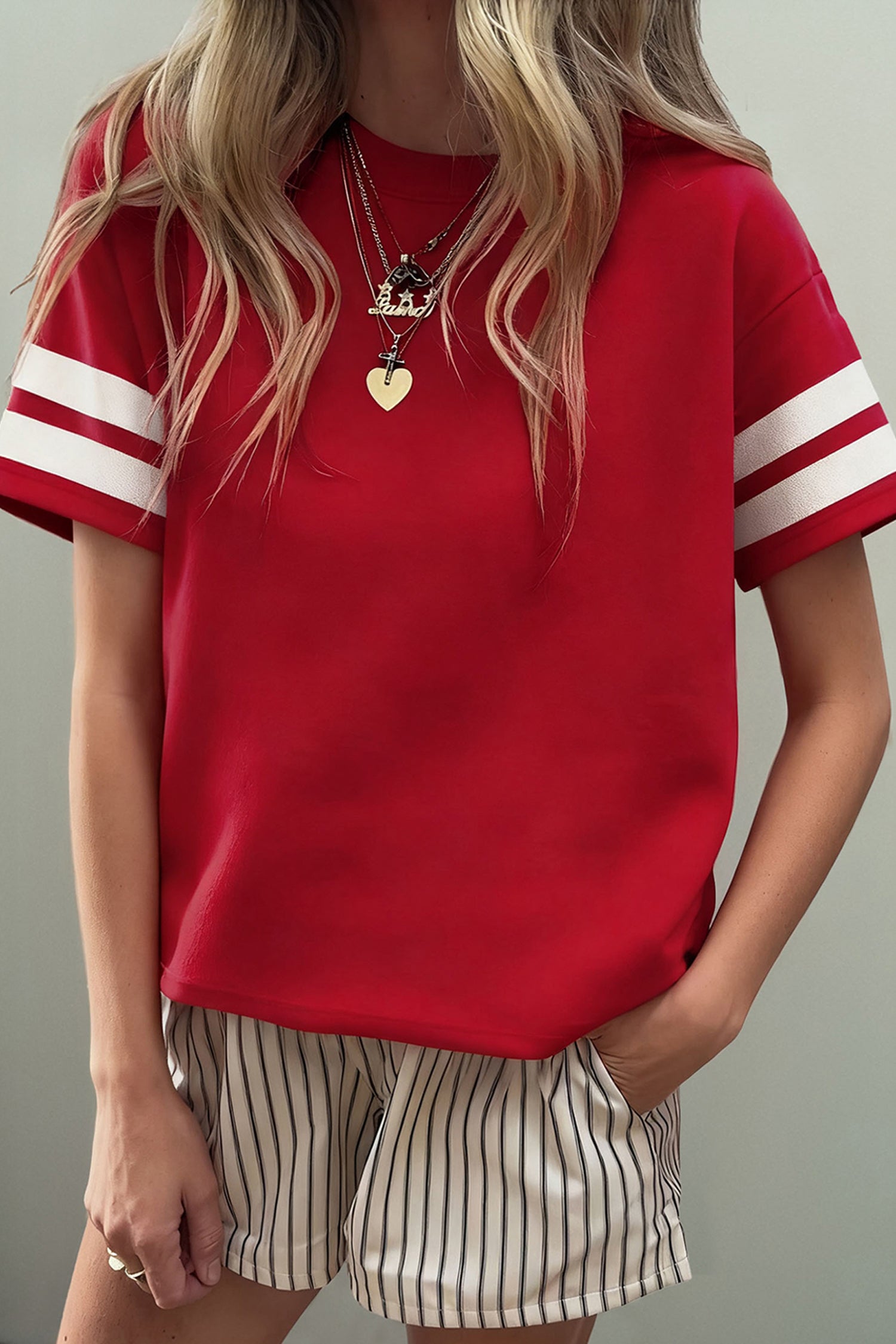 Fiery Red Varsity Striped Short Sleeve Crew Neck T Shirt