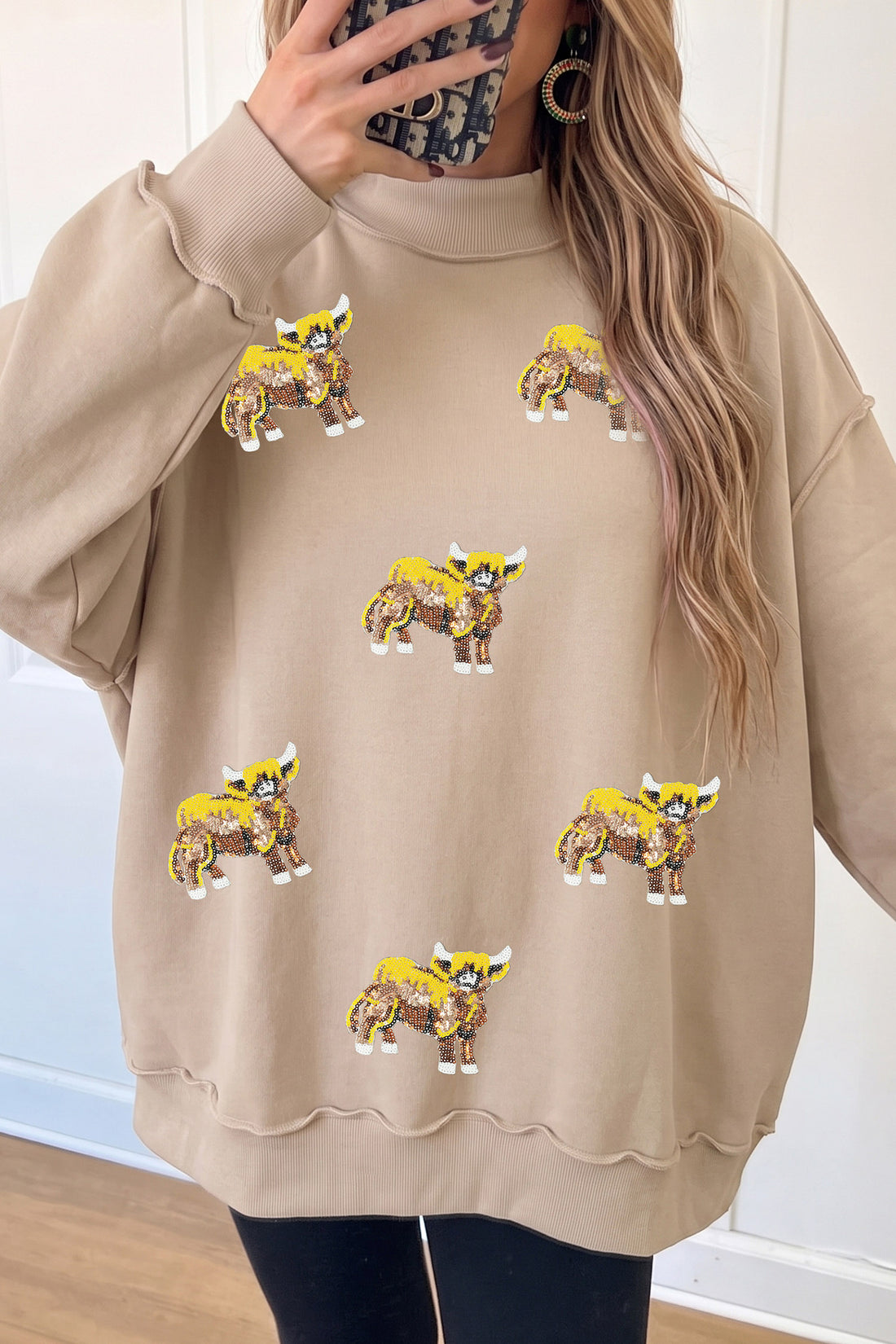 Apricot Western Sequin Highland Cow Print Mock Neck Graphic Sweatshirt