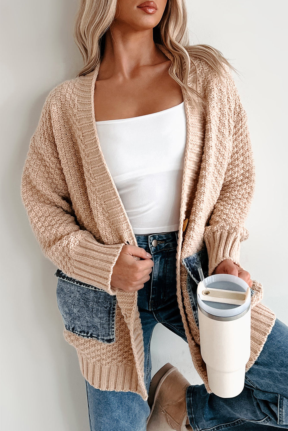 Smoke Gray Open Front Knitted Denim Pocket Patchwork Cardigan