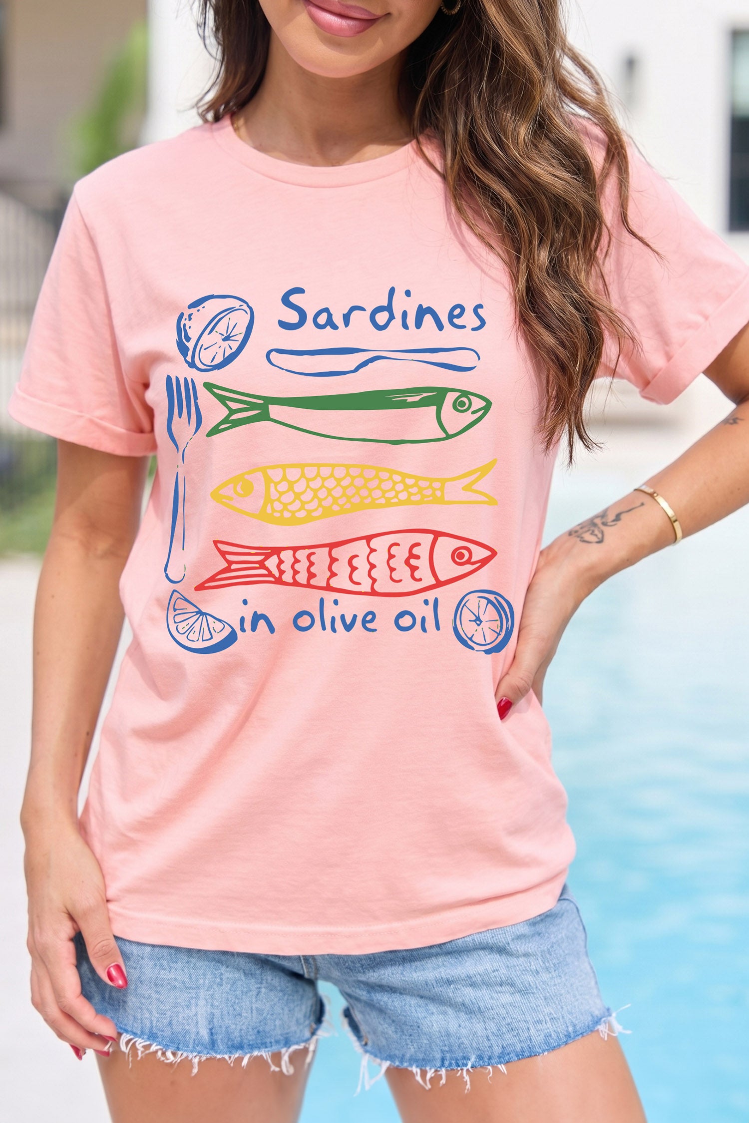 Pink Sardines in Olive Oil Graphic Casual T Shirt