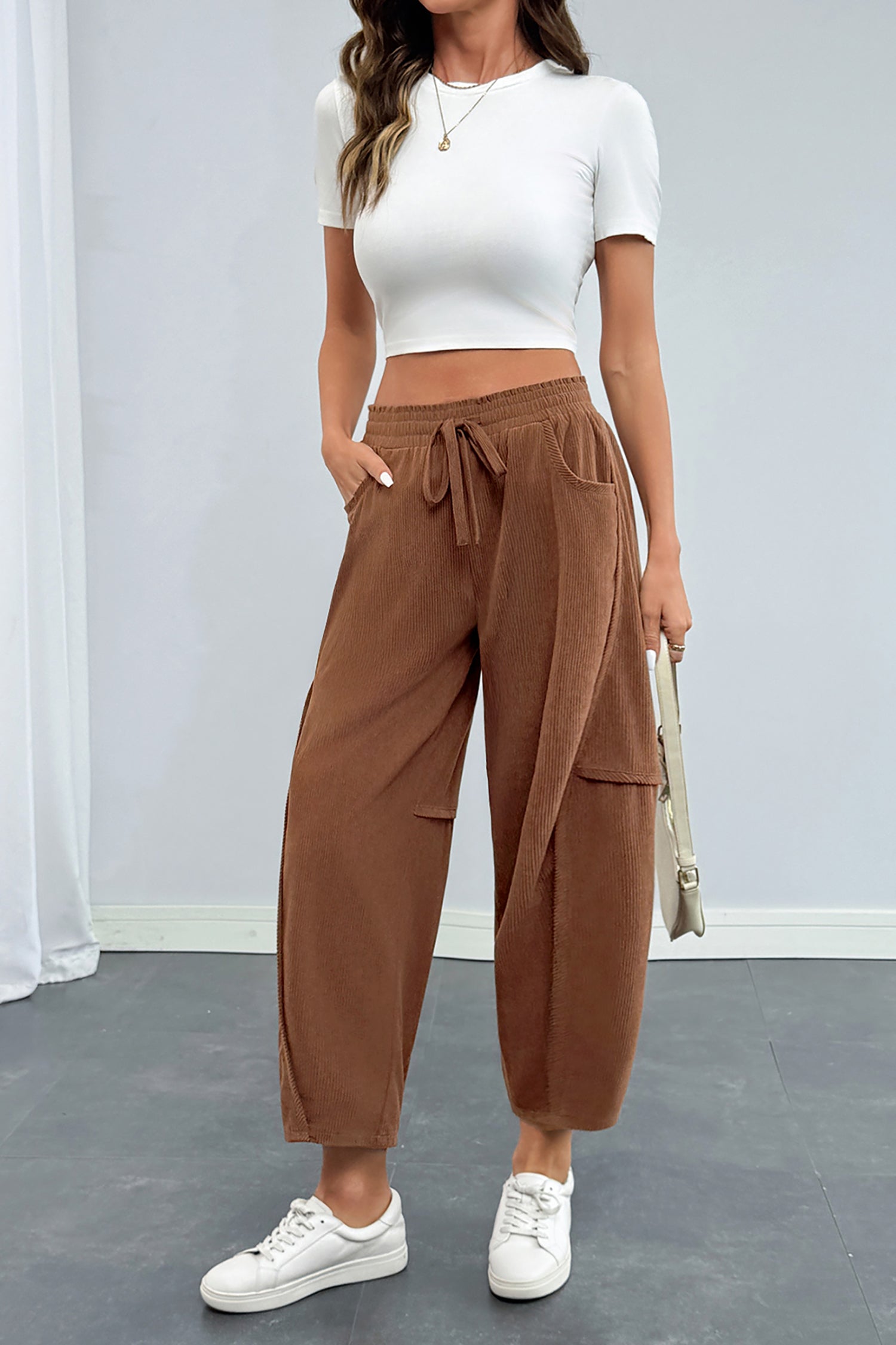 Coffee Corduroy Elastic Waist Drawstring Cargo Pants