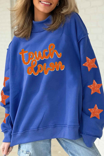 Dark Blue Touchdown Chenille Lettering Sequin Star Patched Mock Neck Sweatshirt