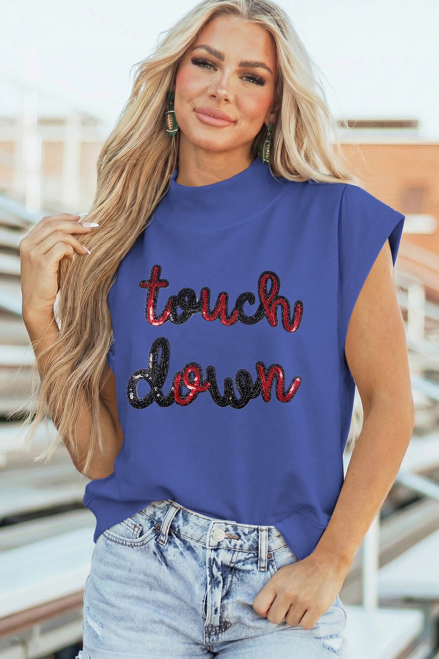 Sky Blue Touch Down Sequin Game Day Graphic High Neck Cap Sleeve Top