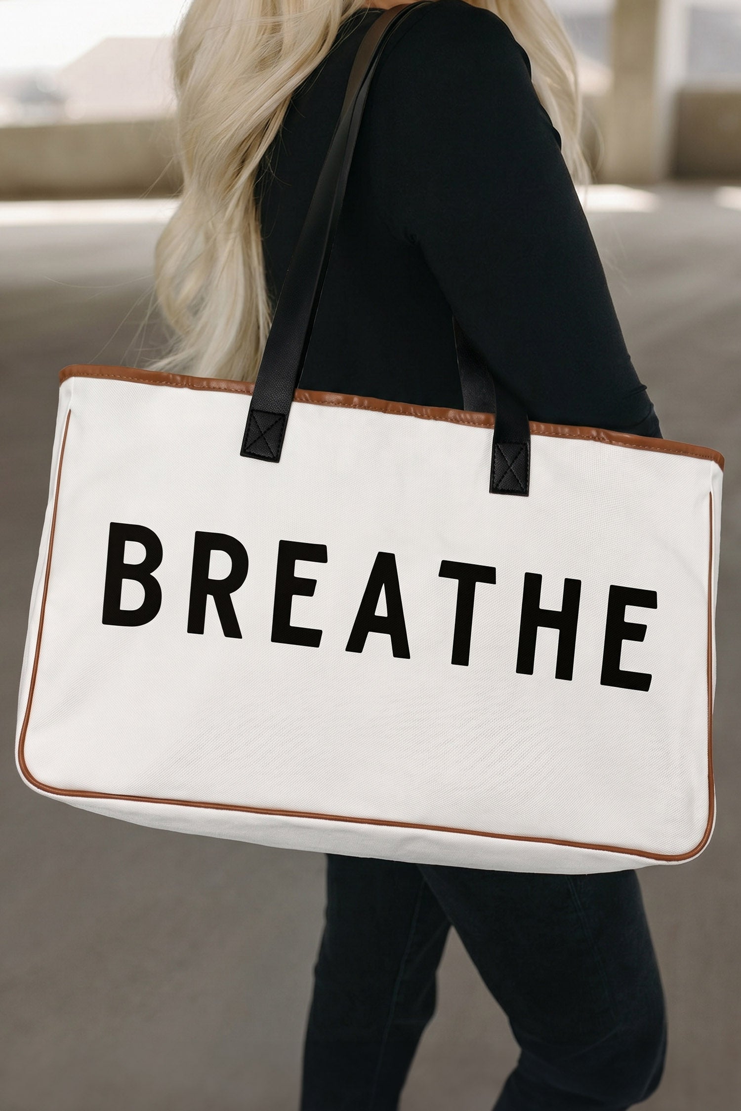 White Canvas BREATHE Print Summer Beach Tote Bag