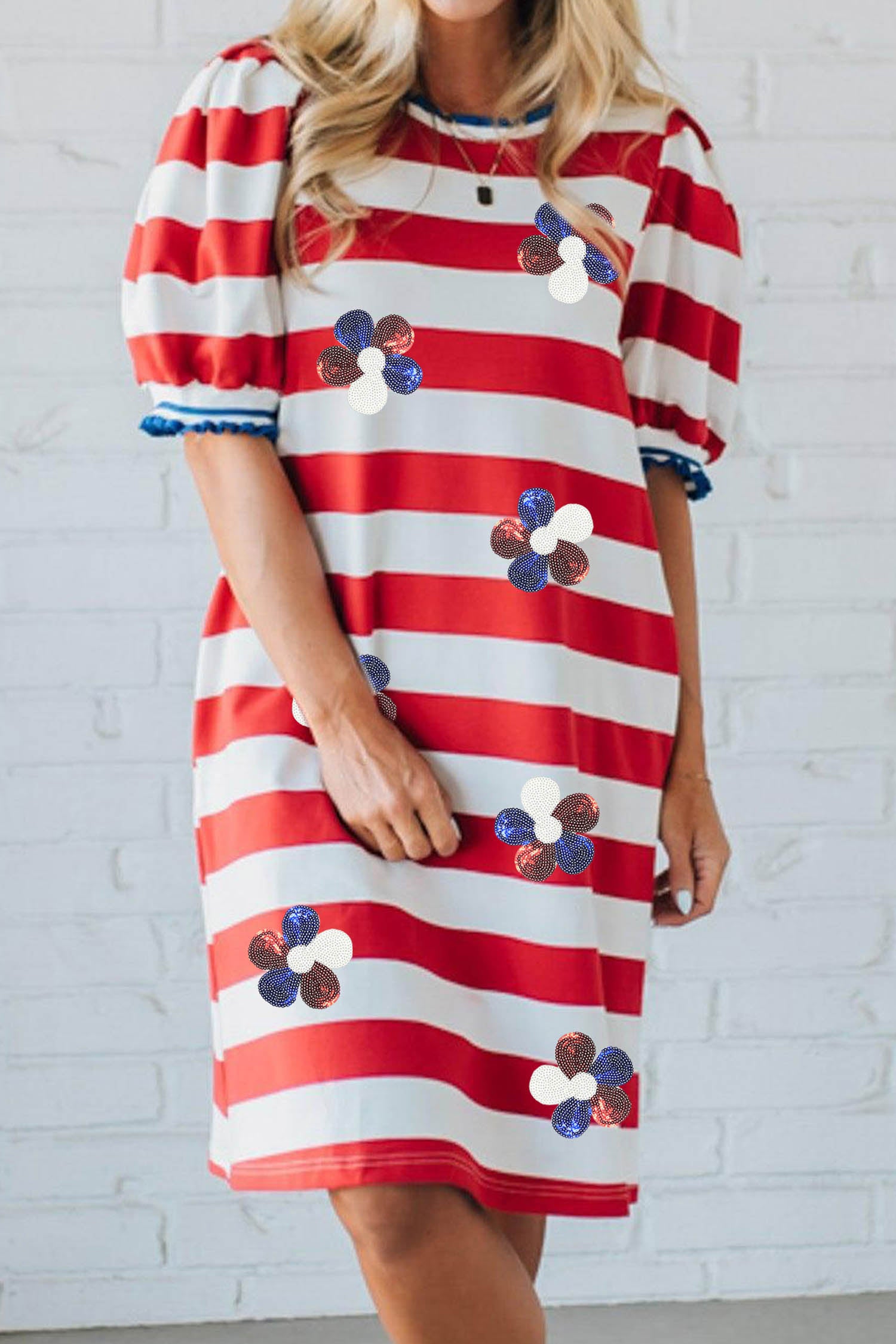 Red Stripe Patriotic Sequin Flowers Short Puff Sleeve T Shirt Shift Dress