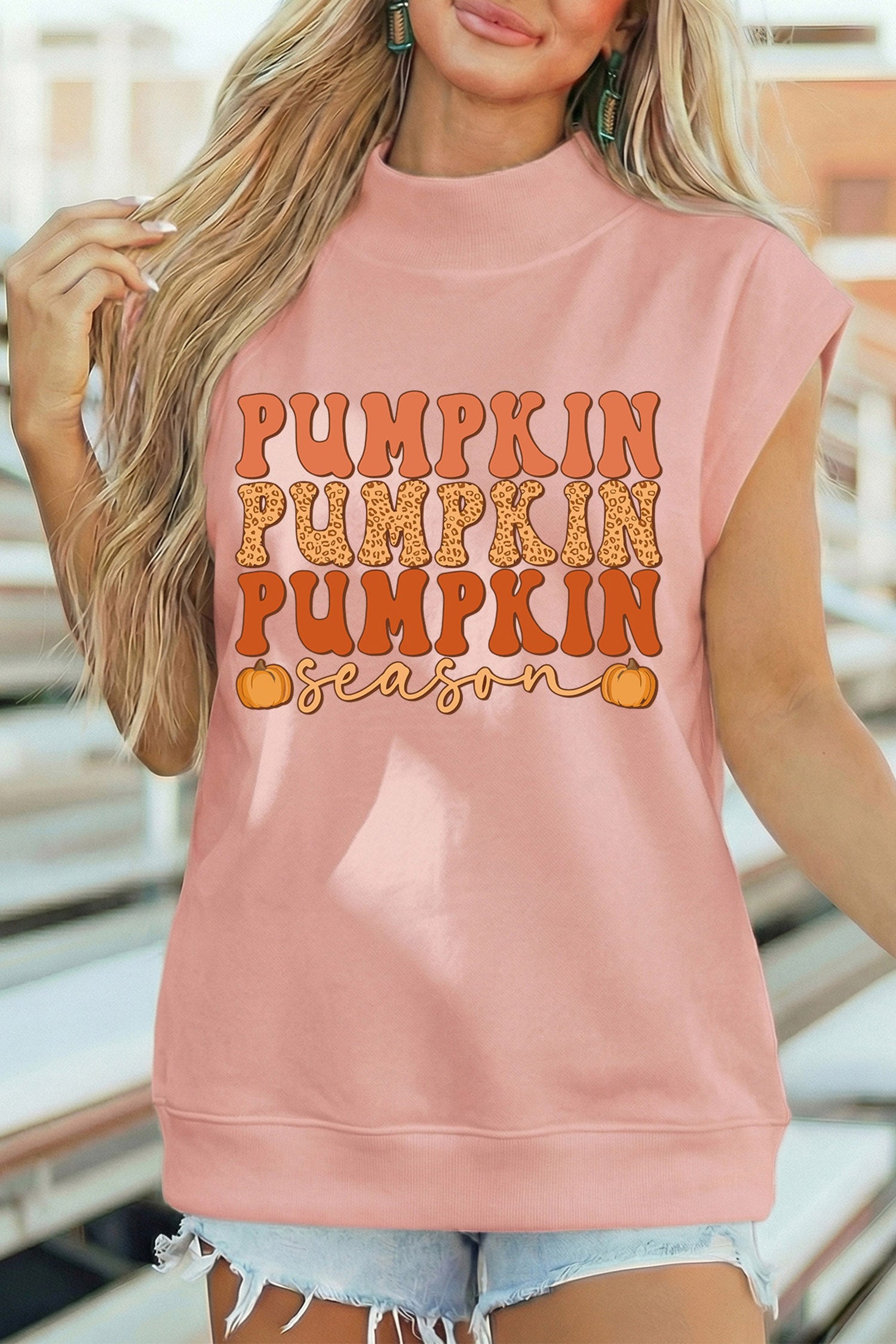 Pink Pumpkin Season Print Graphic Mock Neck T Shirt