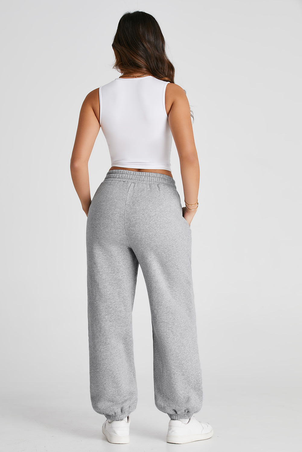 Light Grey Solid Color Crisscross Elastic Waist Sweatpants