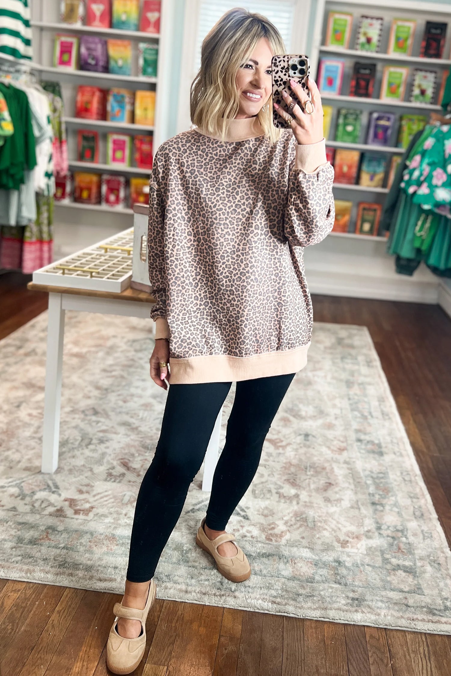 Multicolour Leopard Print High Neck Long Sleeve Ribbed Cuffs Hem Sweatshirt