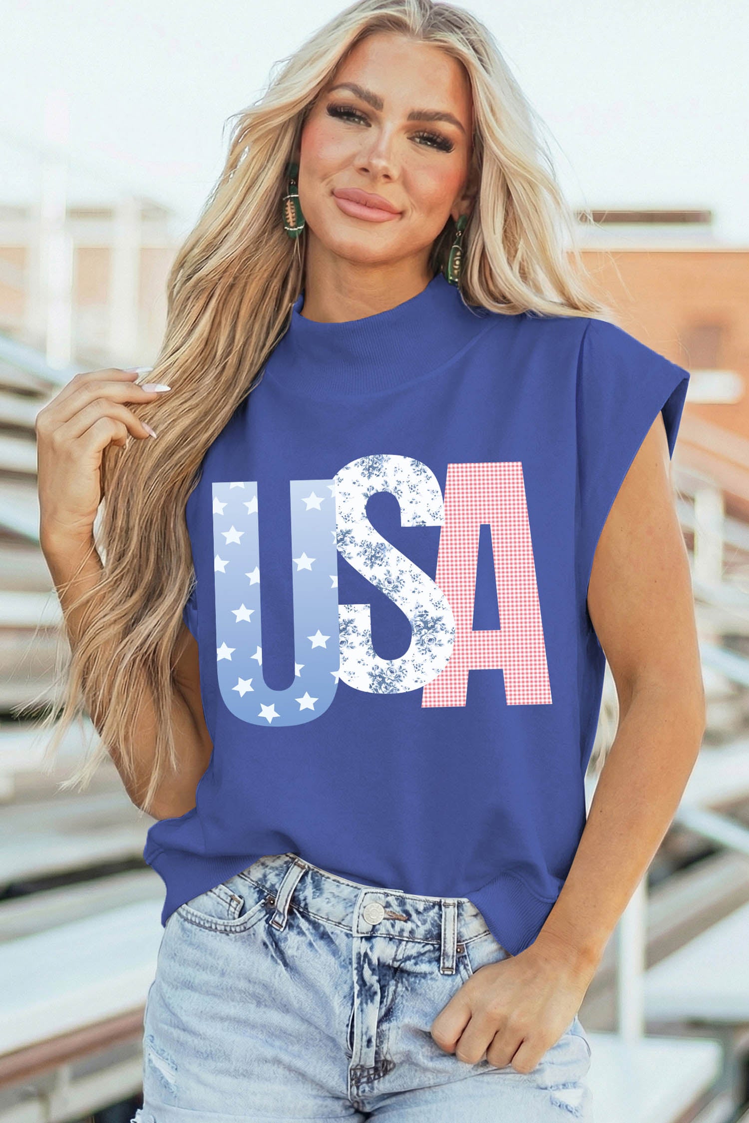 Sky Blue Mixed Pattern USA Letter Print Mock Neck Short Sleeve Top