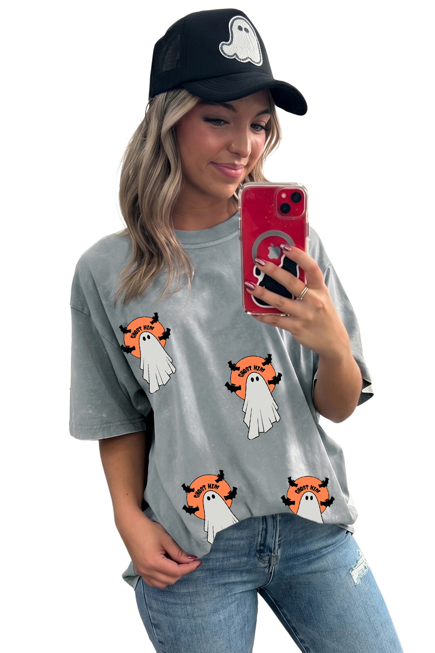 Gray Halloween Ghost Print Short Sleeve Loose Fit T Shirt