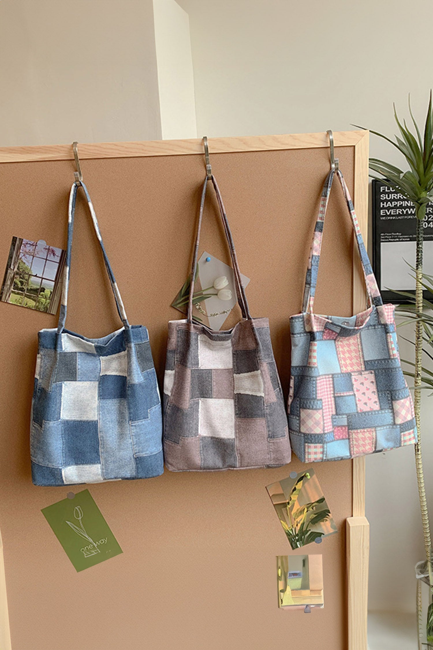 Pink Vintage Plaid Patchwork Print Canvas Tote Bag