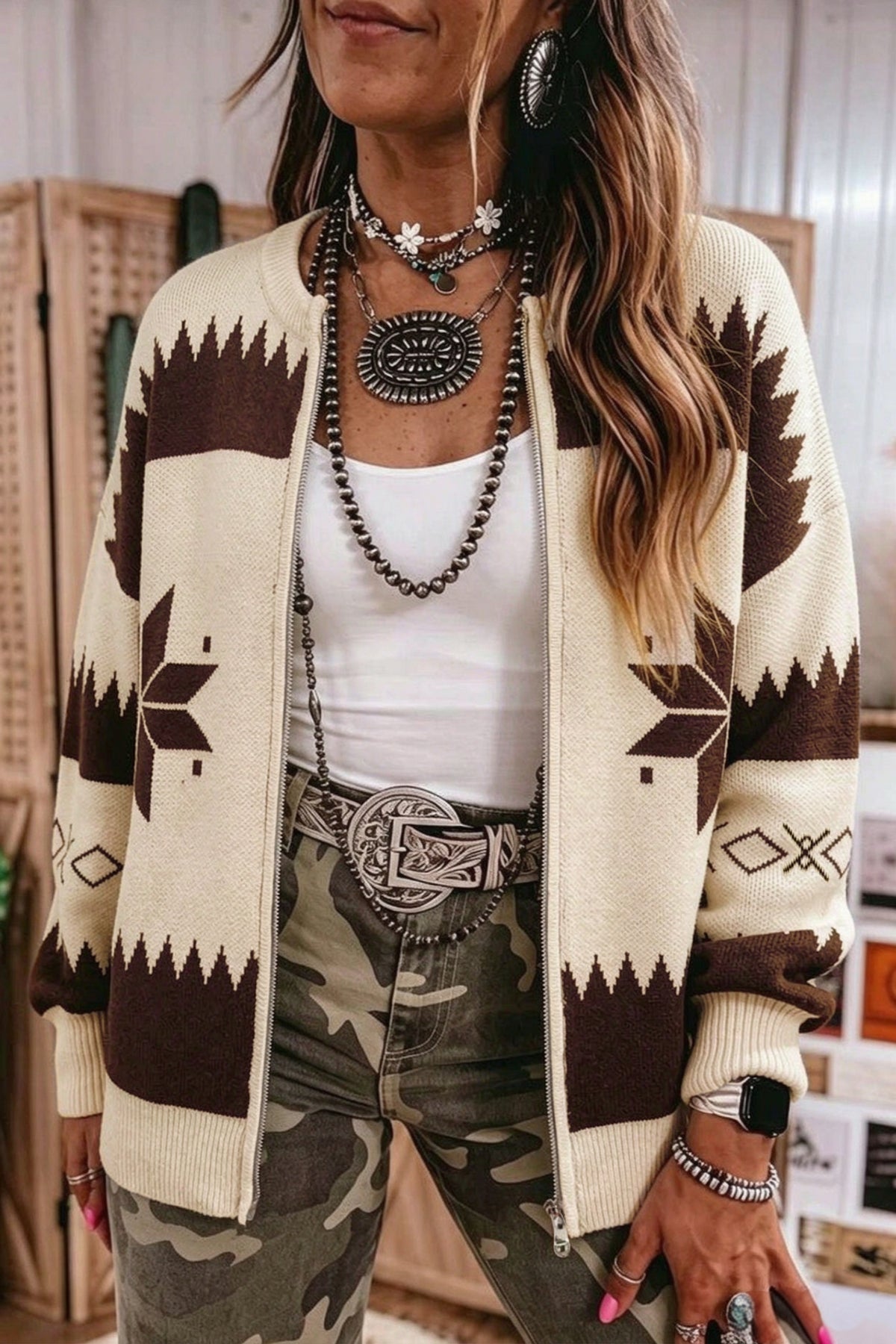 Beige Western Geometric Print Zip Front Loose Sweater Cardigan