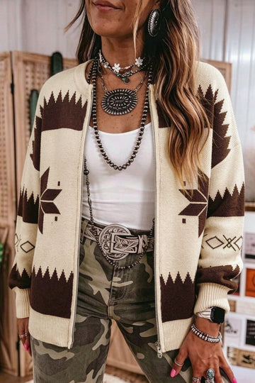 Beige Western Geometric Print Zip Front Loose Sweater Cardigan
