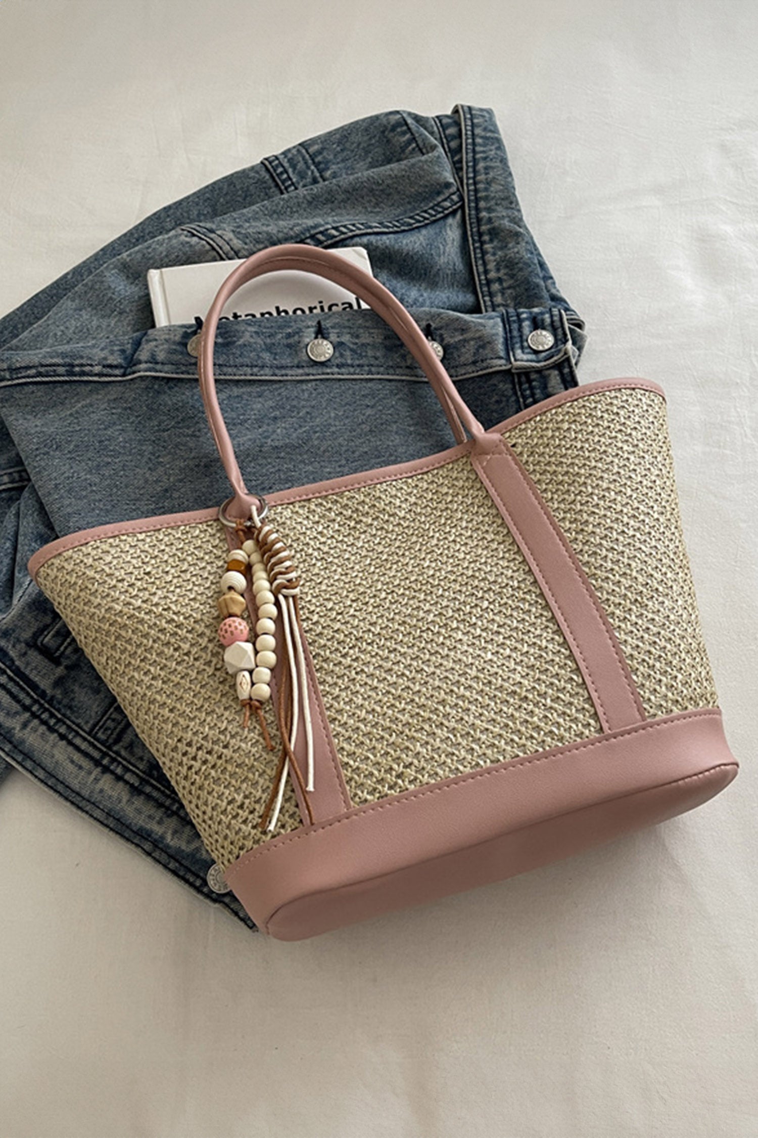 Pink Straw Woven Crochet Contrast Leather Trim Boho Tote Bag