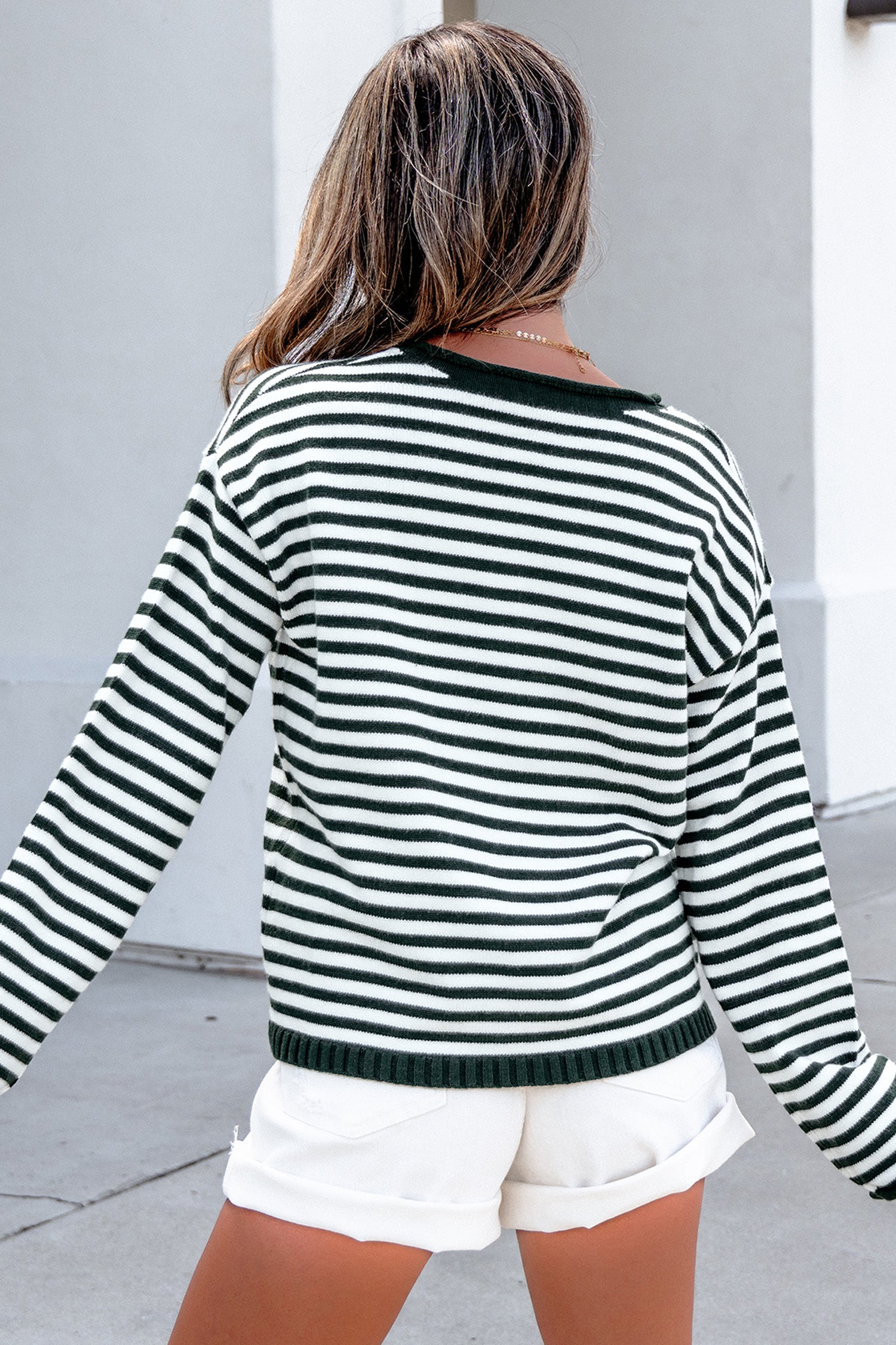 Green Stripe Striped Button Placket Drop Shoulder Long Sleeve Sweater