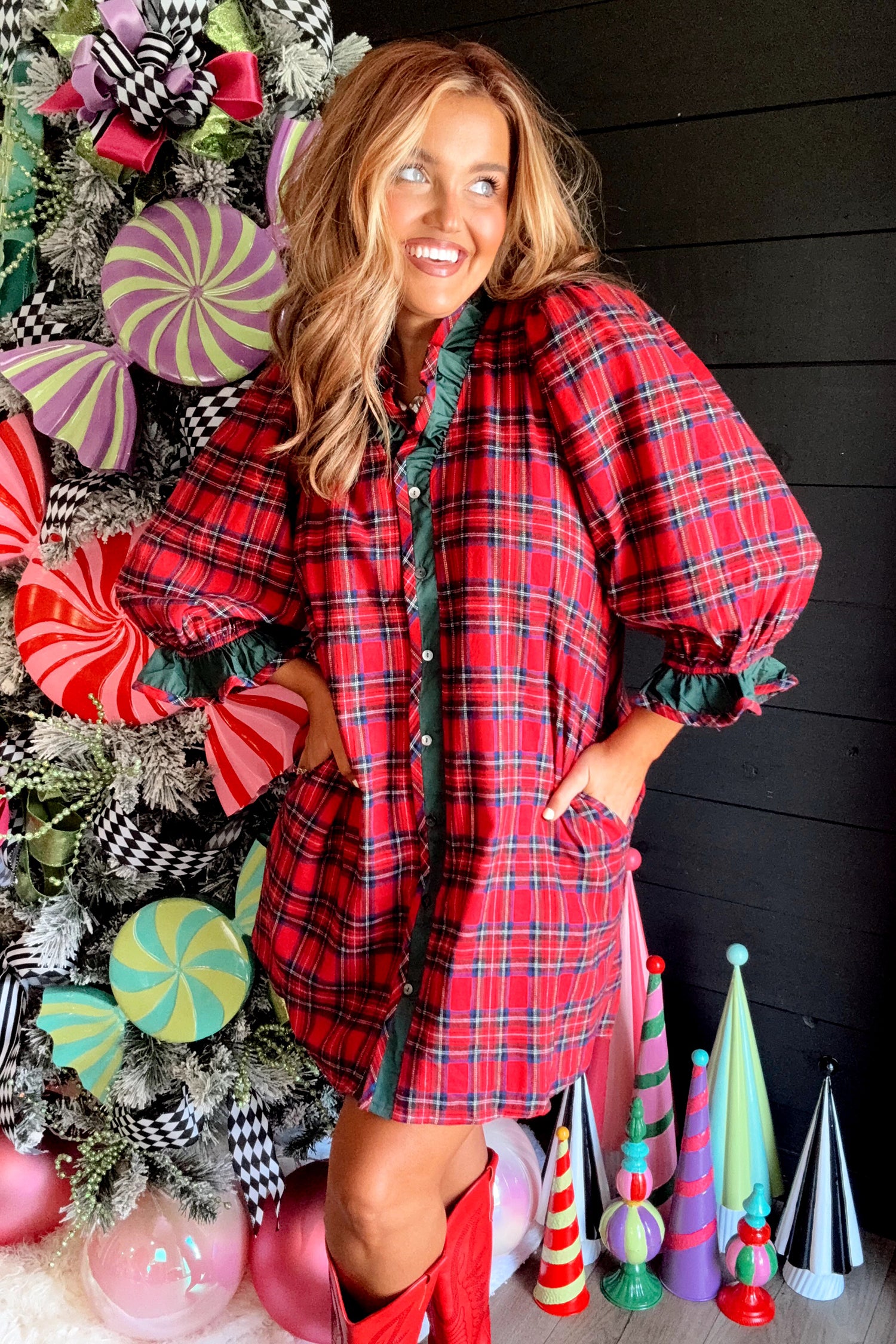Red Plaid Ruffle Cuff Button Front Pocket Mini Dress