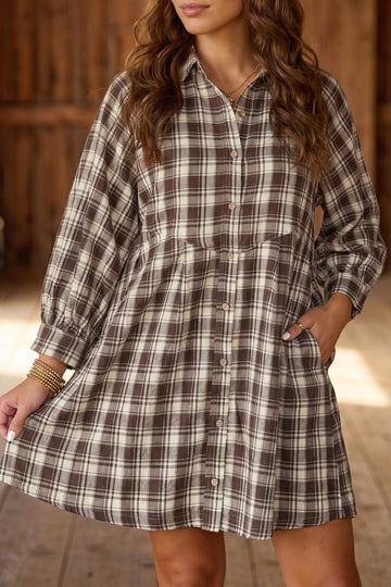 Brown Plaid Long Sleeve Short Shift Mini Dress
