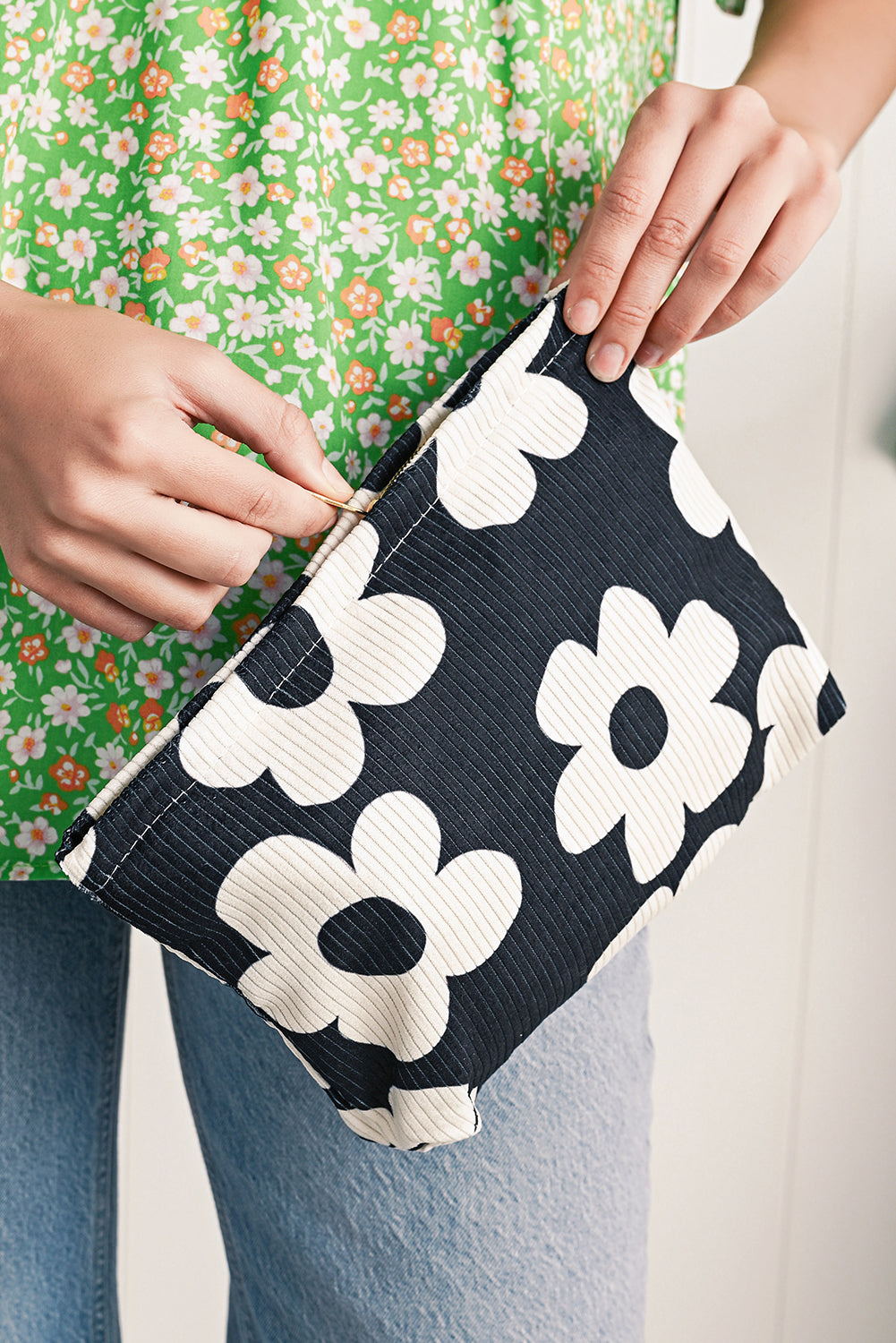 Black Flower Printed Rib Textured Cosmetic Bag