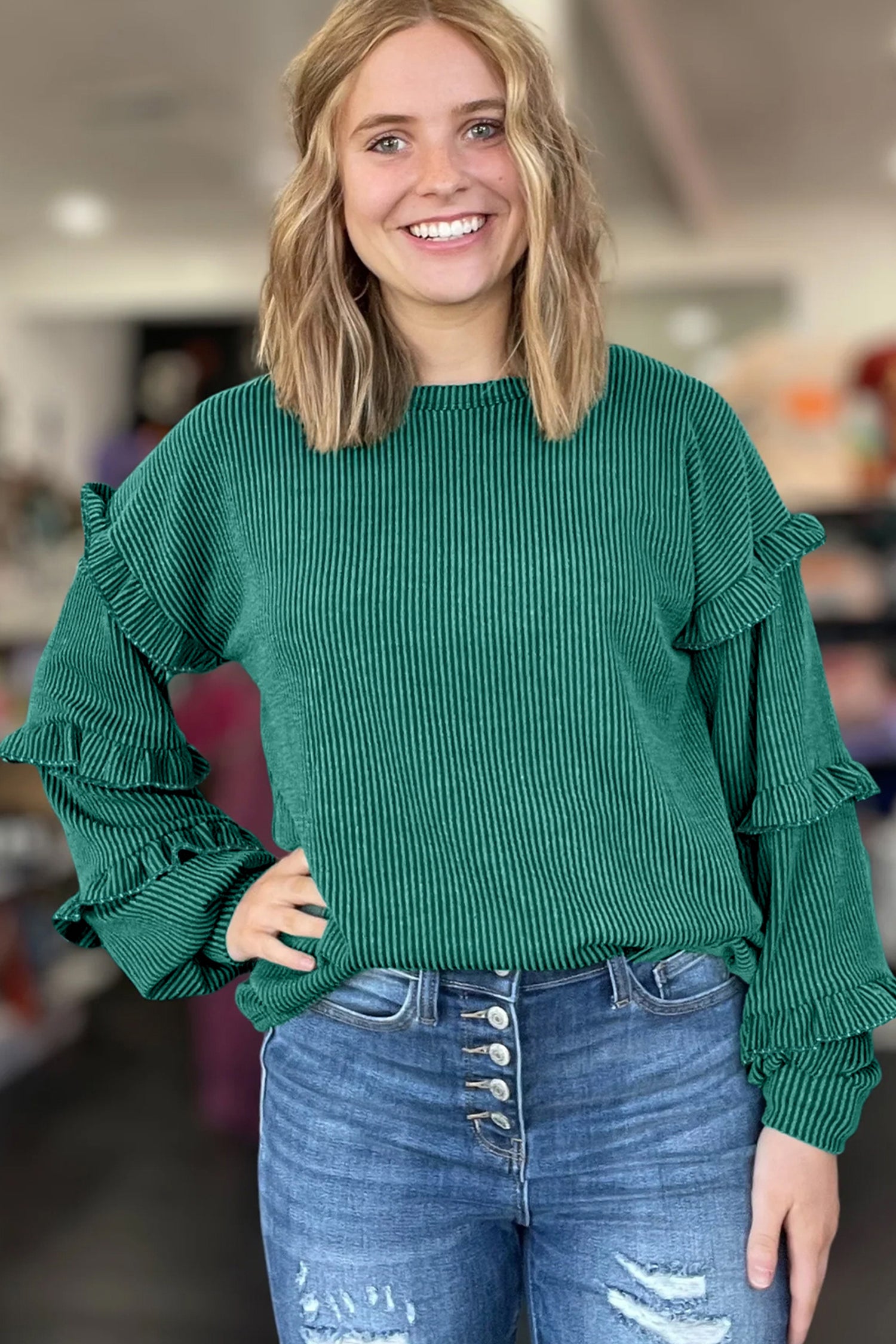 Evergreen Twisted Ribbed Tiered Ruffles Long Sleeve Pullover Top