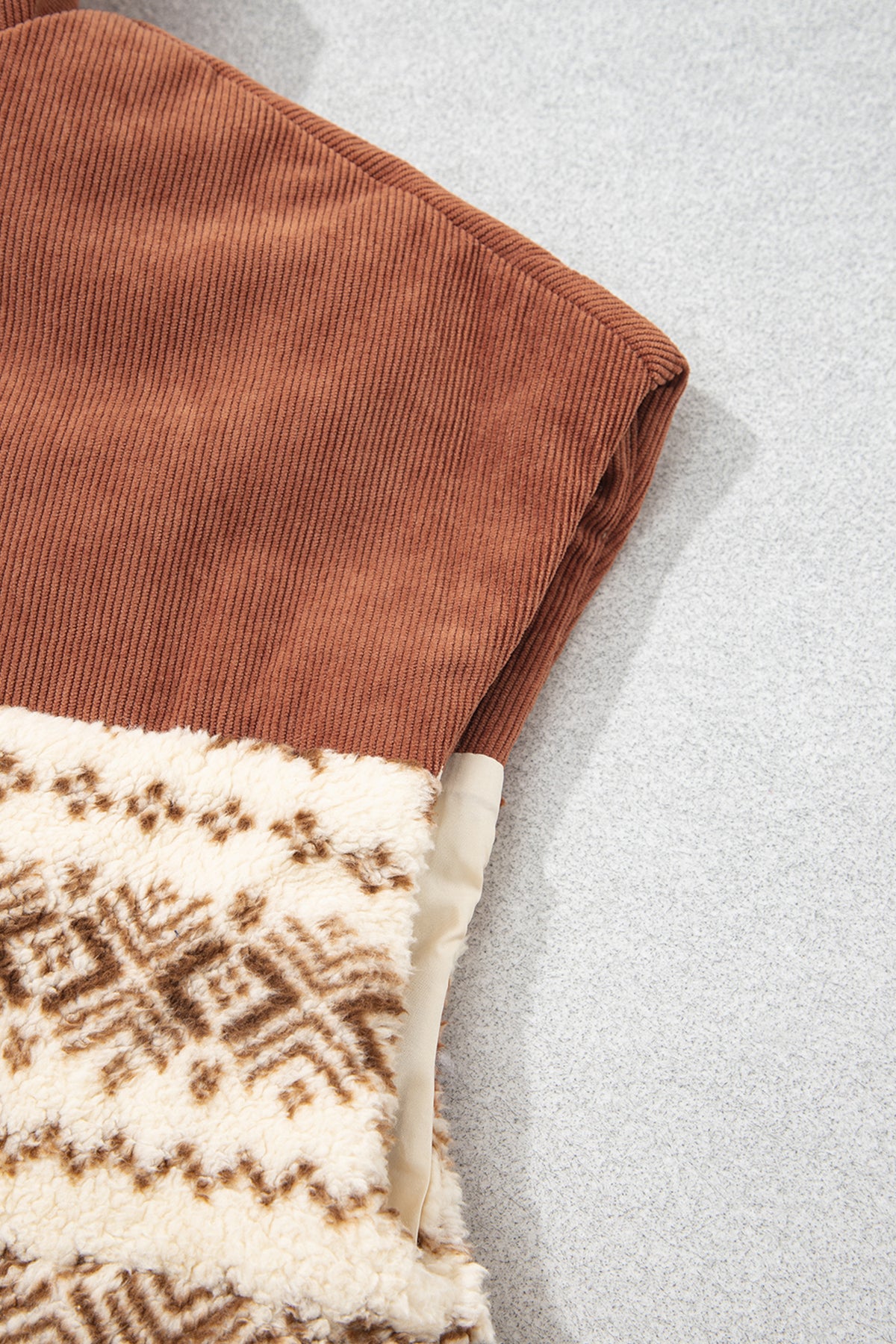 Brown Geometric Print Fleece Metal Zipper Collar Patchwork Design Vest