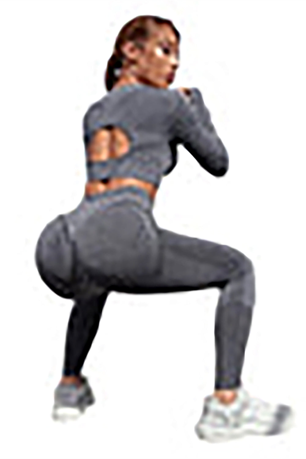 Dark Grey Solid Color Long Sleeve Crop Top Leggings Yoga Sports Set