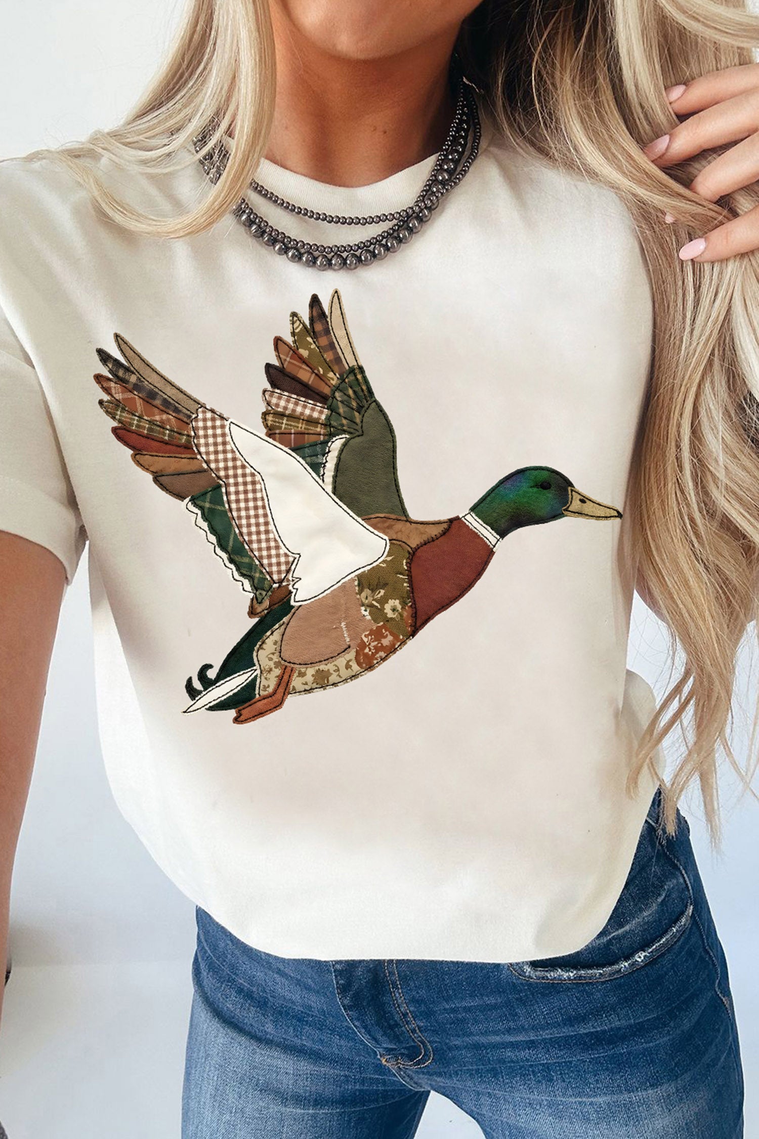 White Flying Mallard Faux Patchwork Printed T Shirt
