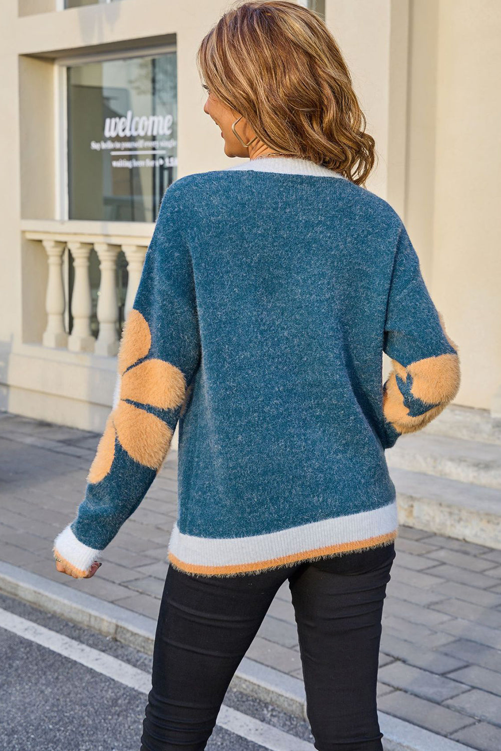 Sail Blue Plush Flower Pattern Ribbed Detail Cozy Sweater