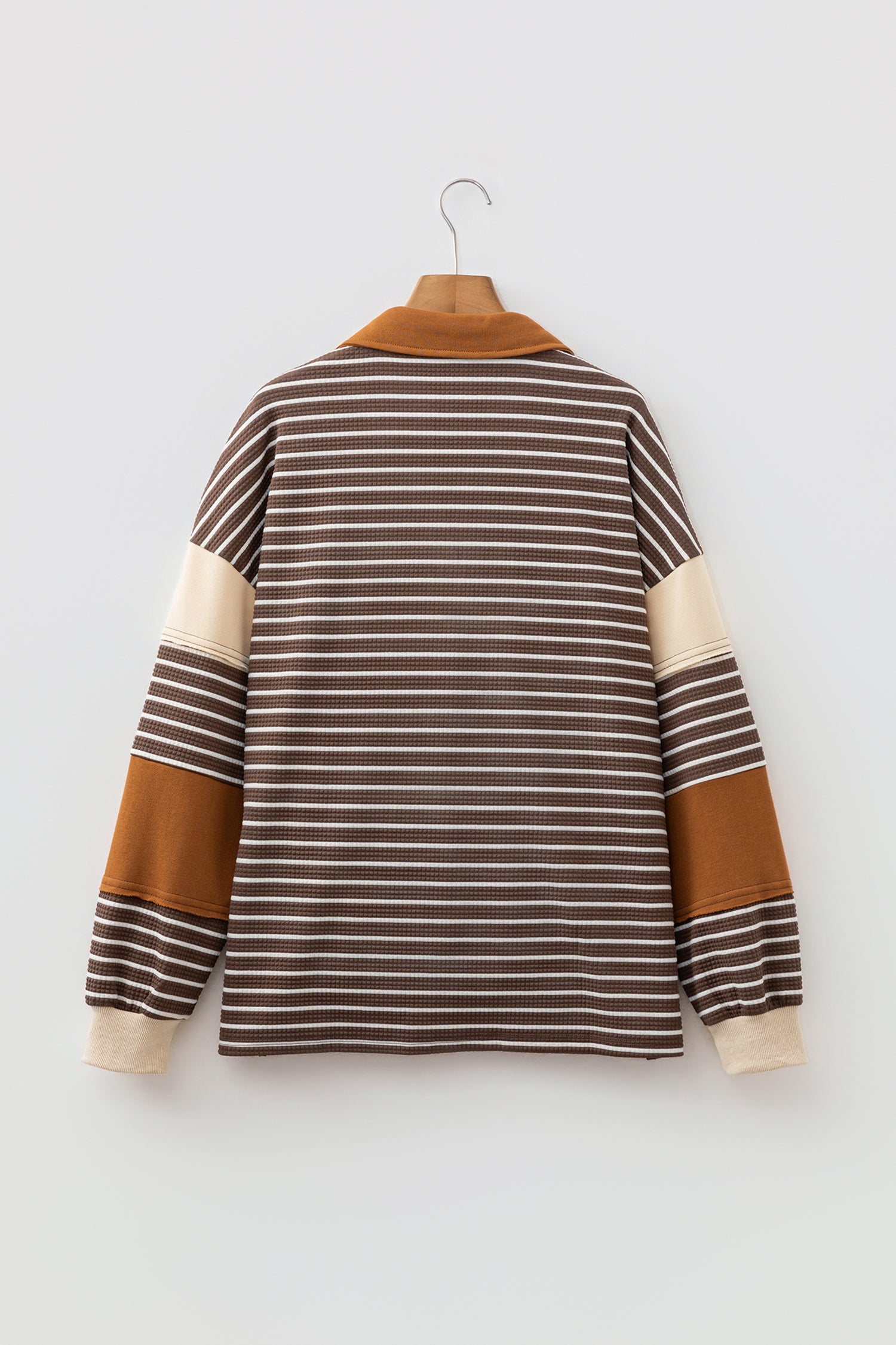 Brown Stripe Collar V Neck Color Block Detail Long Sleeve Pullover Top