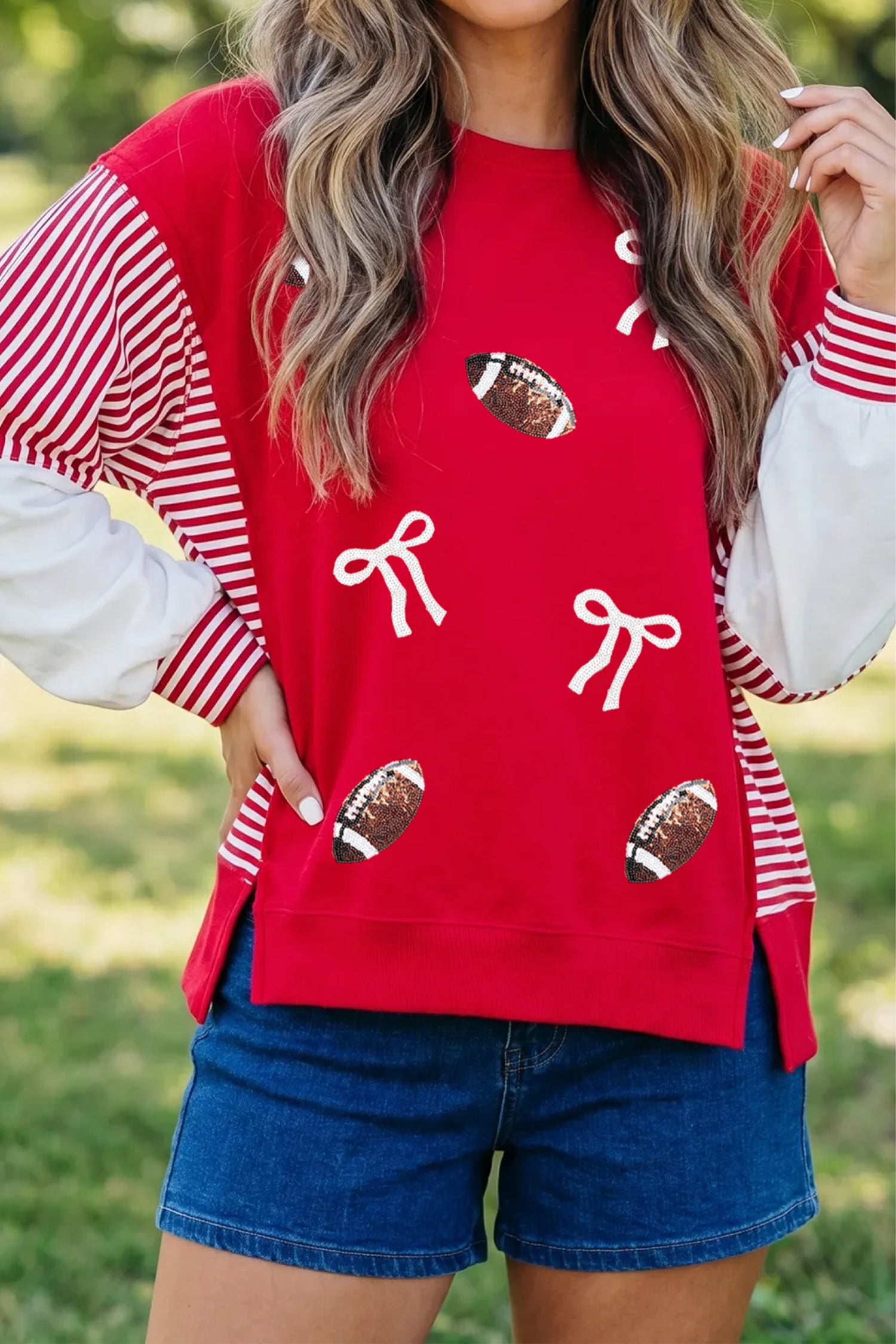 Fiery Red Sequin Rugby Bow Print Striped Color Block Sleeve Patchwork Graphic Sweatshirt