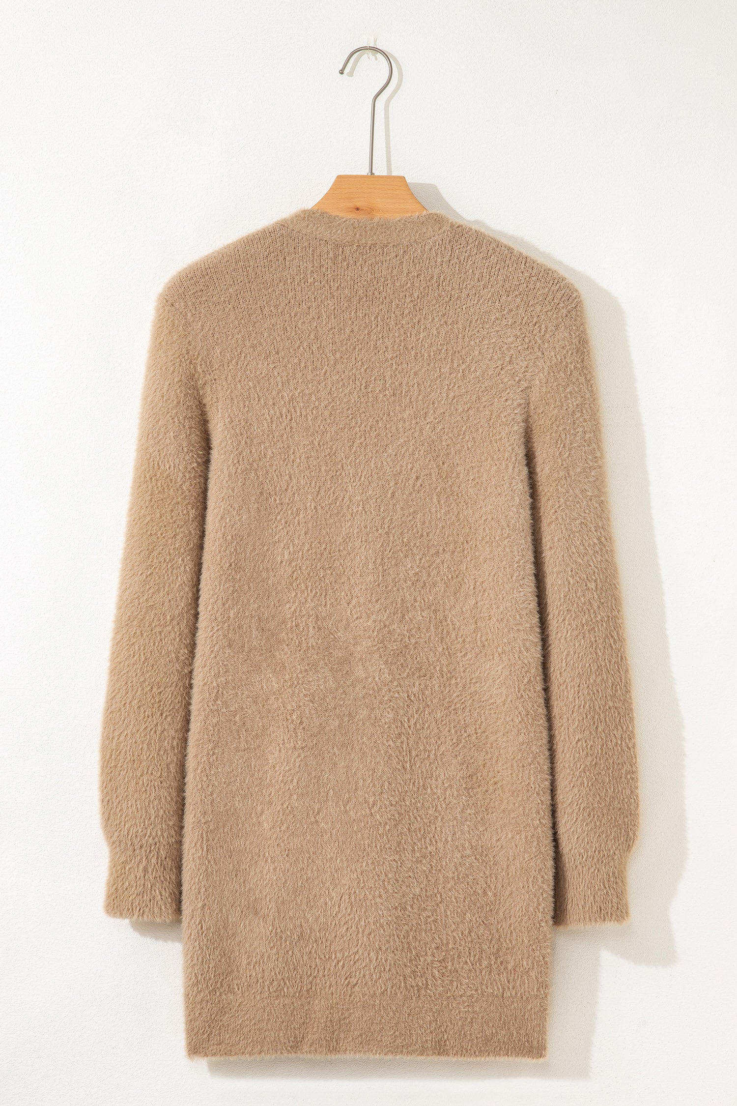 Smoke Gray Fuzzy Buttoned Front Midi Solid Cardigan