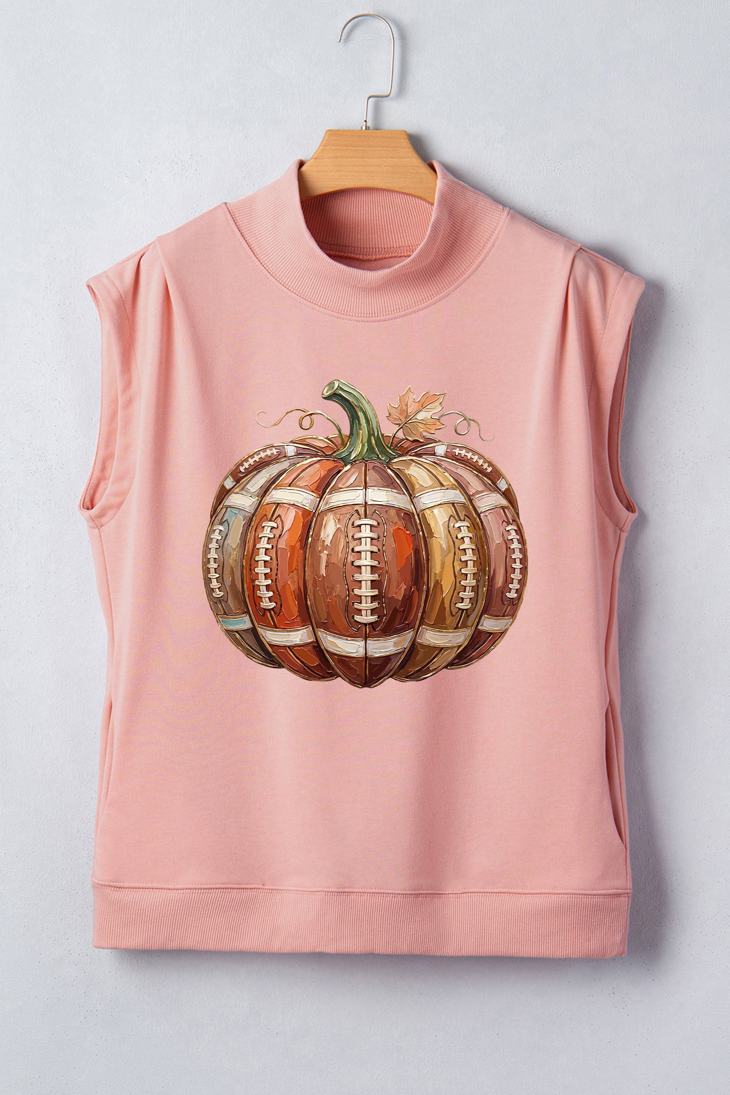 Pink Rugby Pumpkin Graphic Mock Neck Cap Sleeve Top