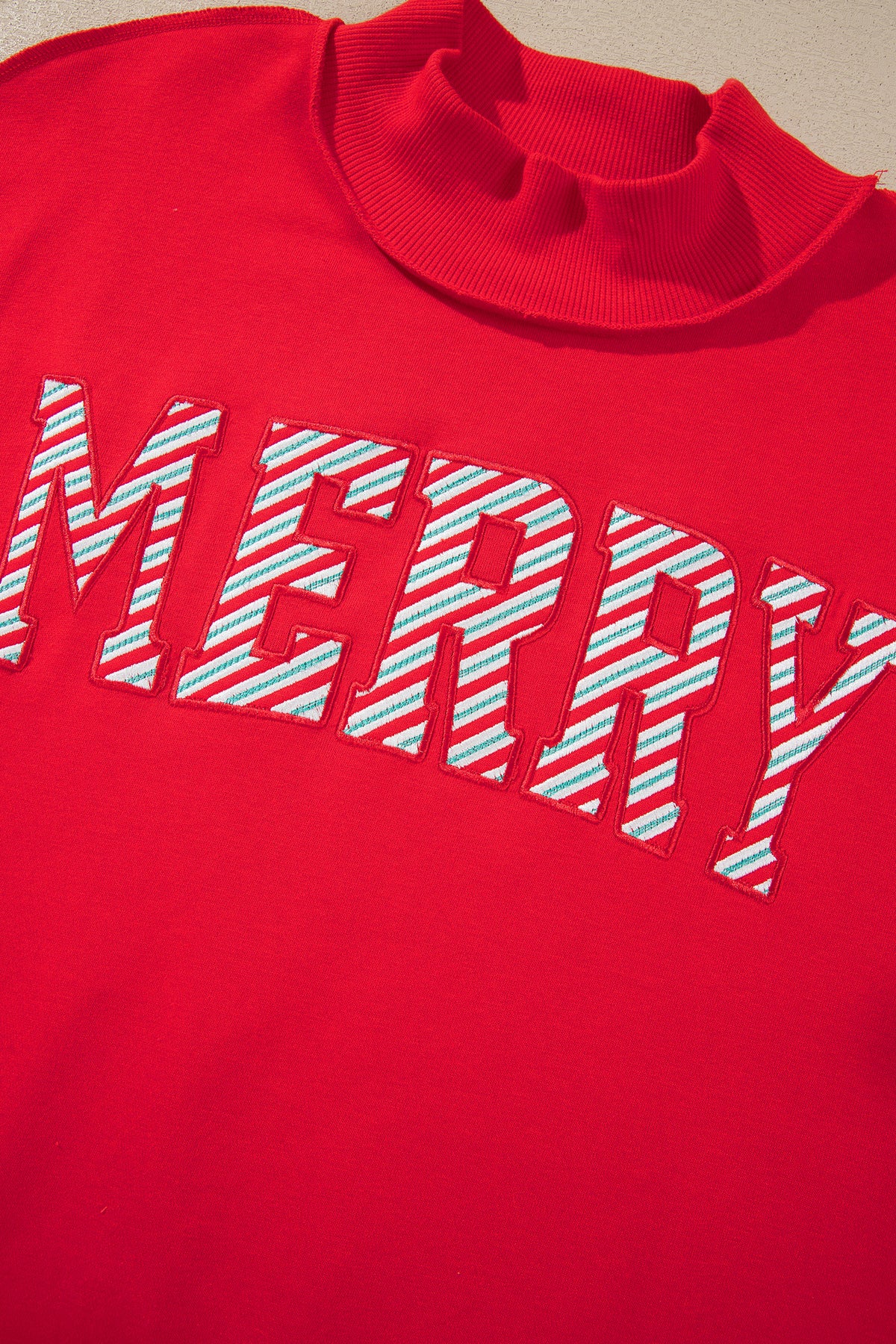 Fiery Red Embroidered Merry Slogan Stand Neck Long Sleeve Shift Sweatshirt