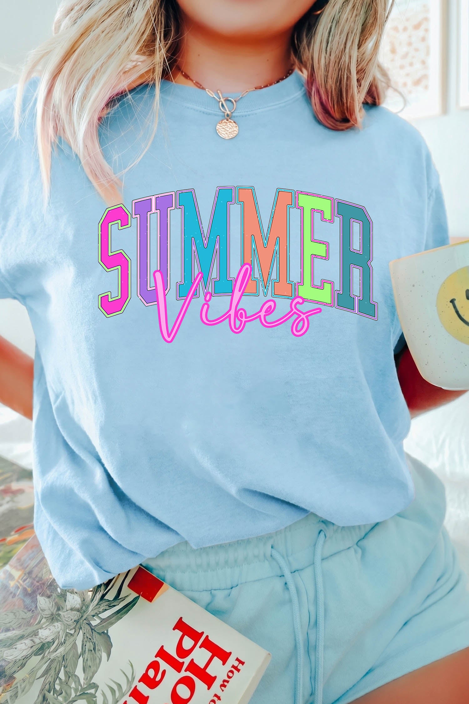 Light Blue SUMMER Vibes Letter Print Round Neck Casual T-Shirt