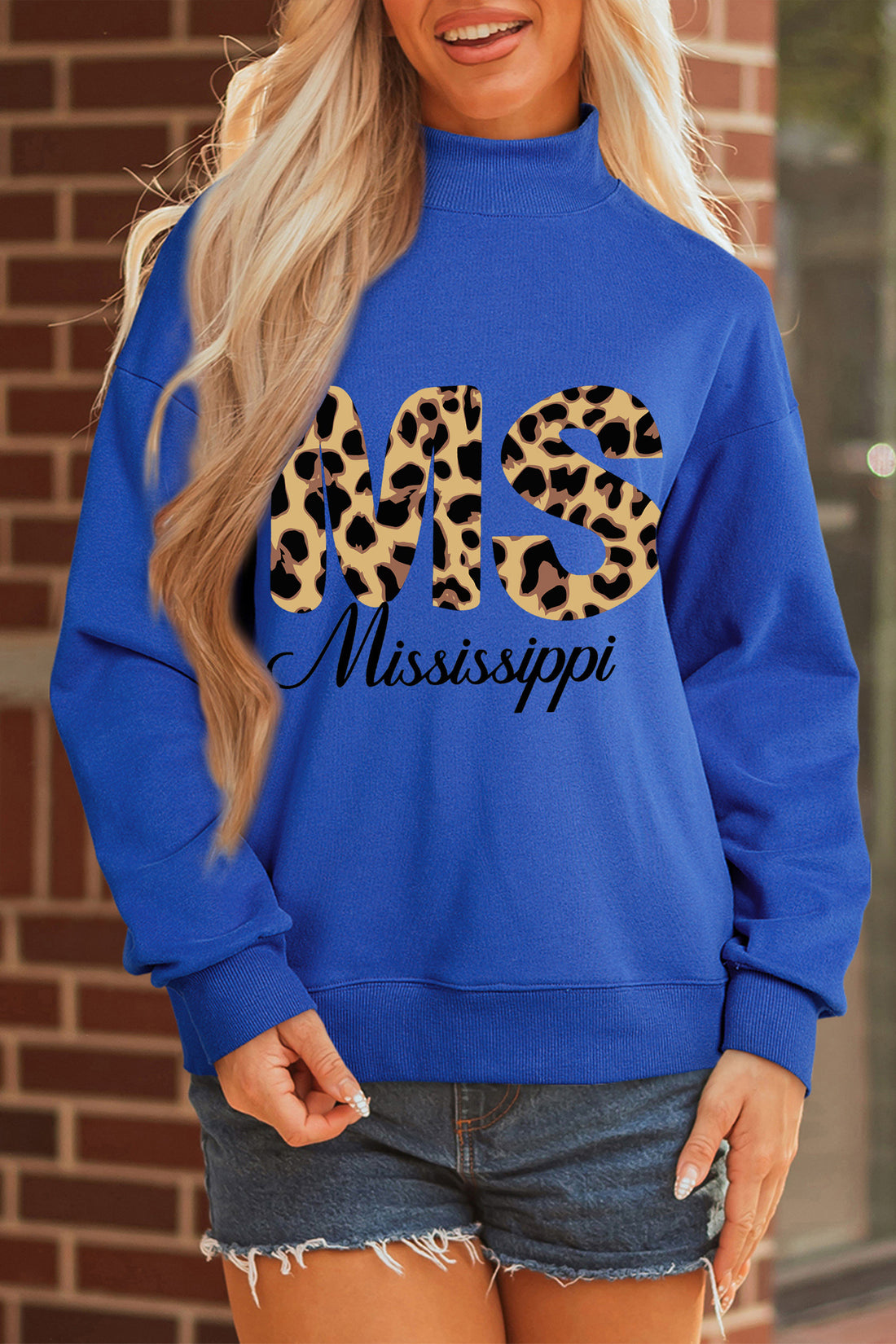 Dark Blue Leopard MS Mississippi Mock Neck Pullover Sweatshirt