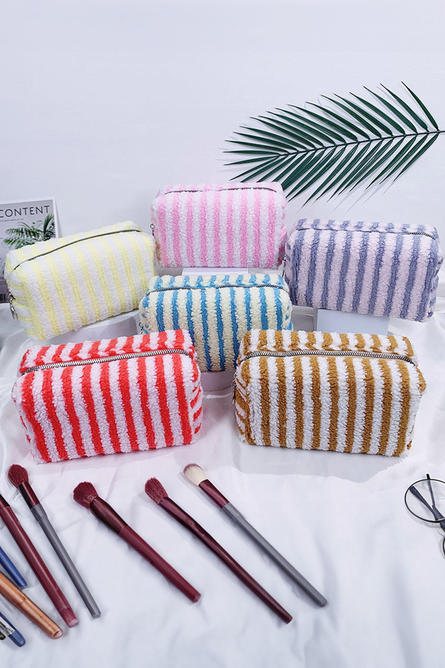 Pink Plush Striped Microfiber Cosmetic Bag with Key Charm Zipper Closure