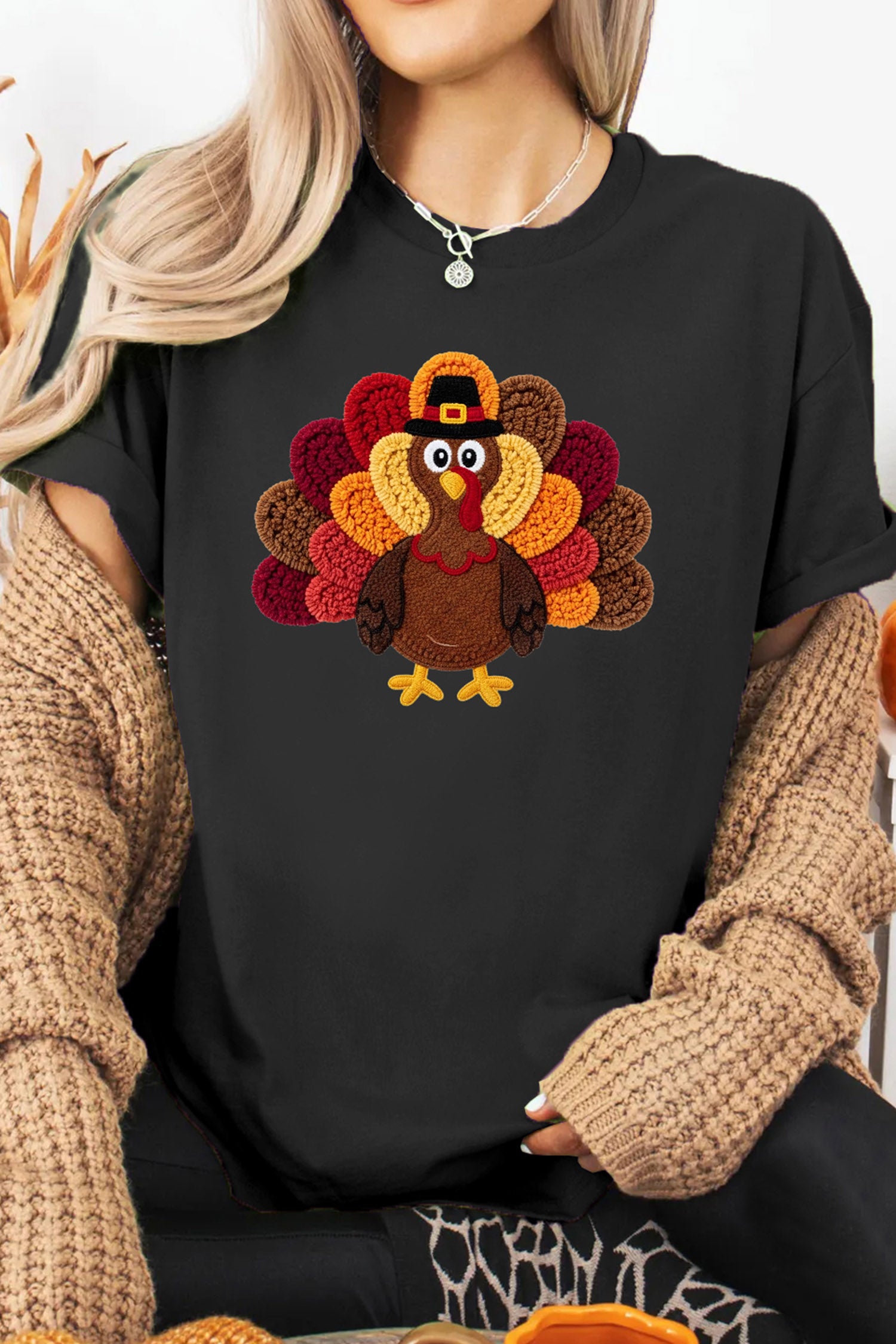 Black Thanksgiving Turkey Embroidered Short Sleeve Casual Shift T-Shirt