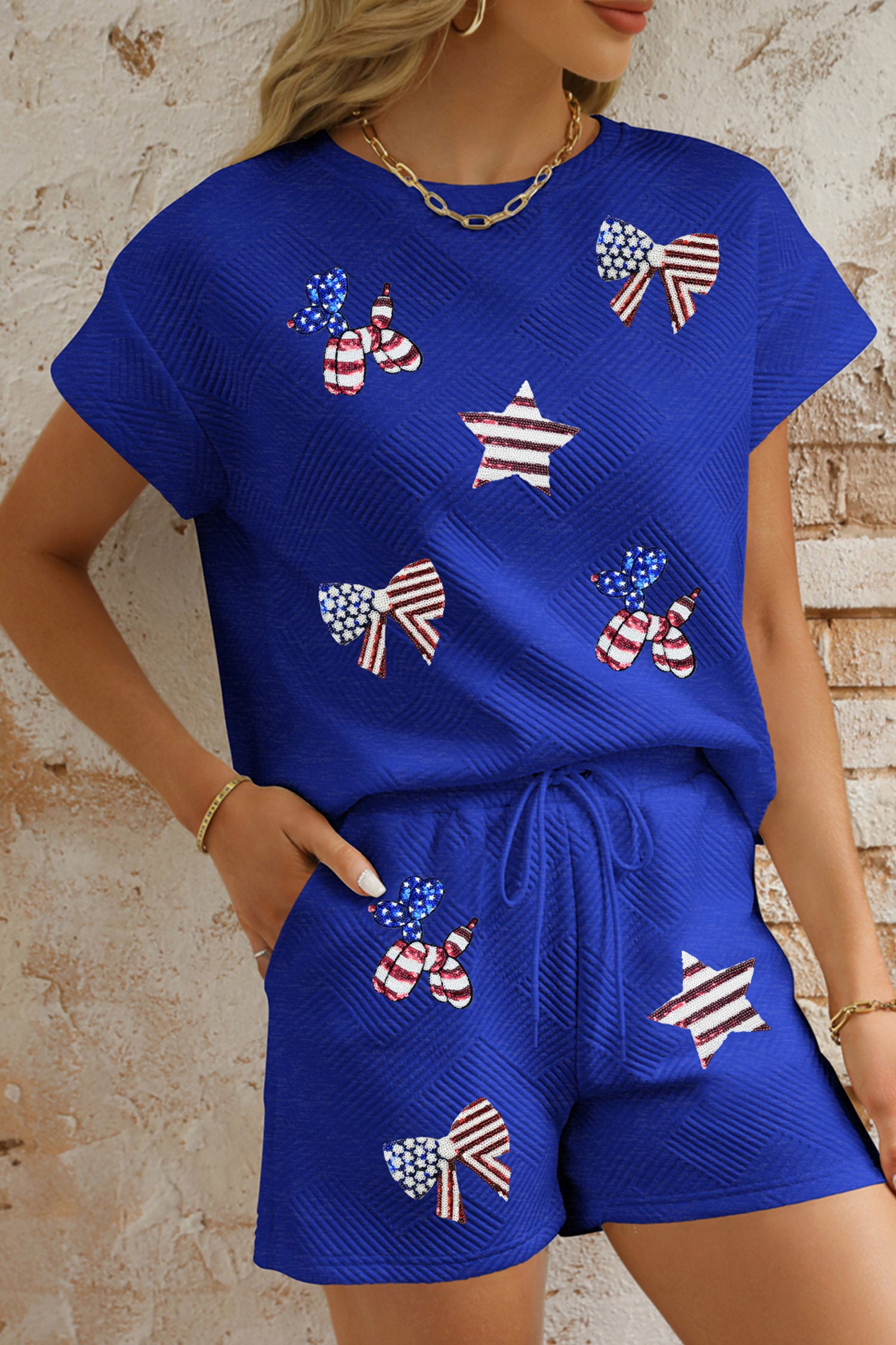 Dark Blue Textured Sequin Patched Patriotic Graphic Short Set