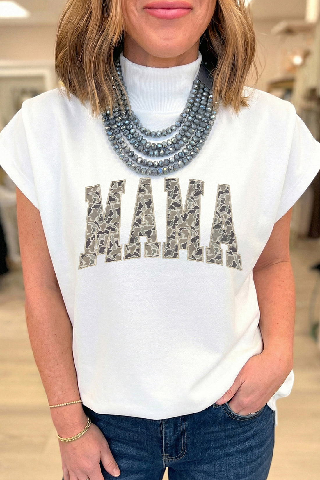 White Camouflage MAMA Lettering Cap Sleeve High Neck Top